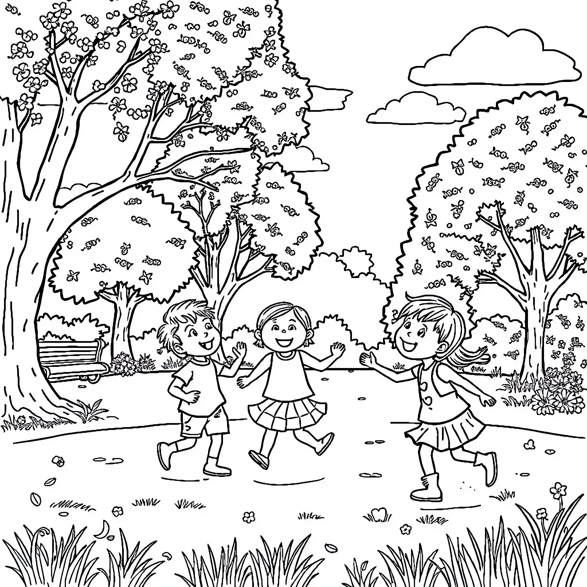 Children playing joyfully in a nature scene Coloring Page (free black-and-white line drawing printable PDF for all, from beginners to advanced learners, including children, teens, adults, and seniors)