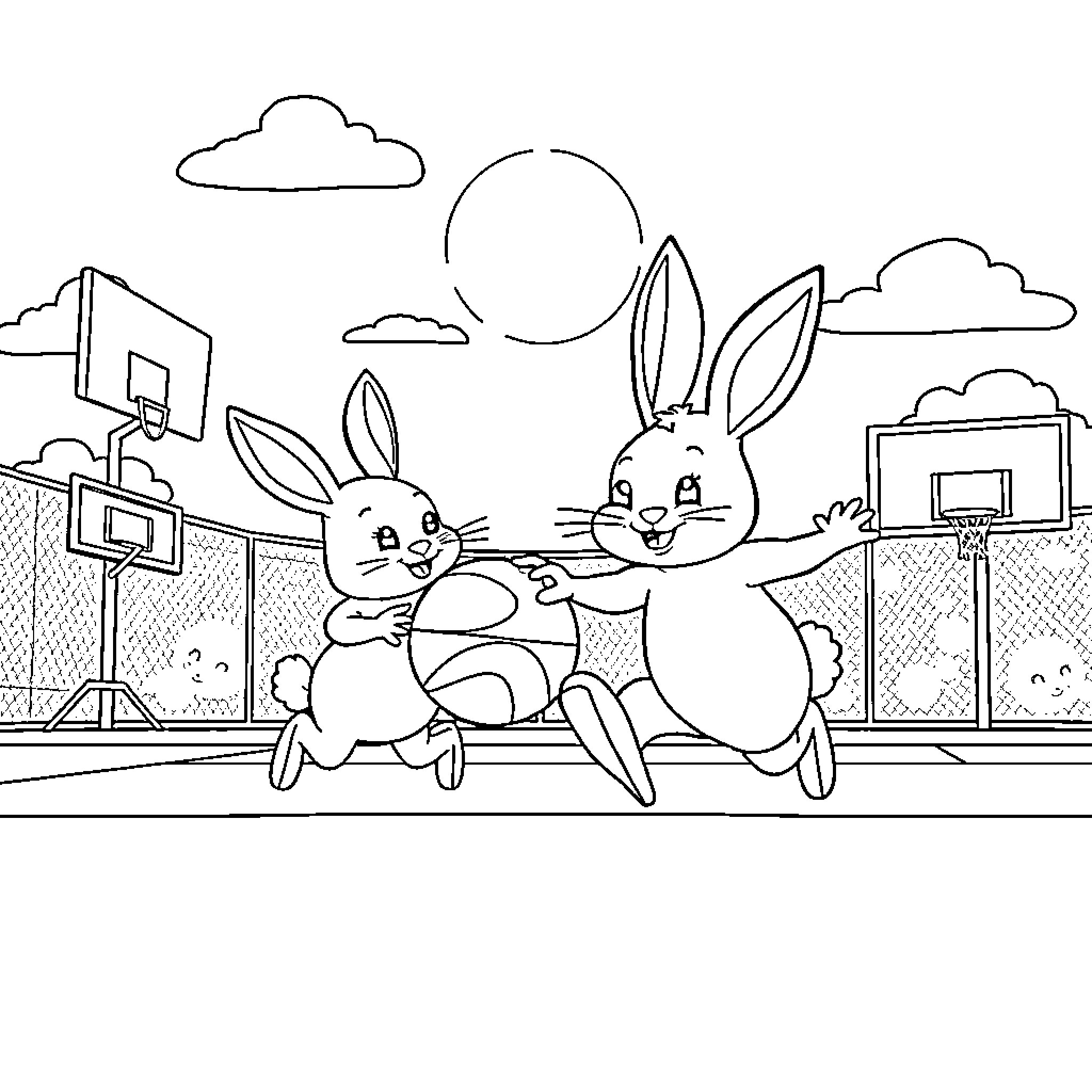 Bunnies playing basketball on the court Coloring Page (free black-and-white line drawing printable PDF for all, from beginners to advanced learners, including children, teens, adults, and seniors)