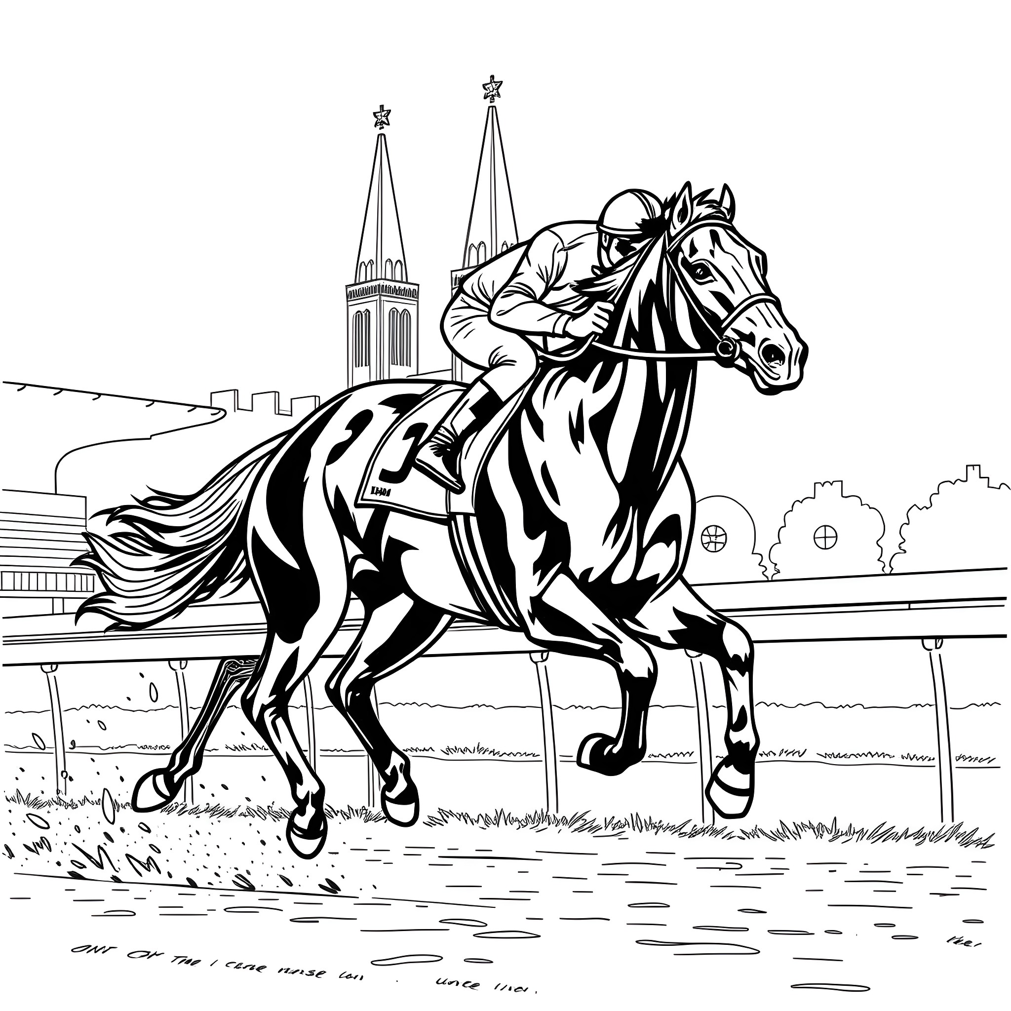 Horse racing in the city Coloring Page (free black-and-white line drawing printable PDF for all, from beginners to advanced learners, including children, teens, adults, and seniors)