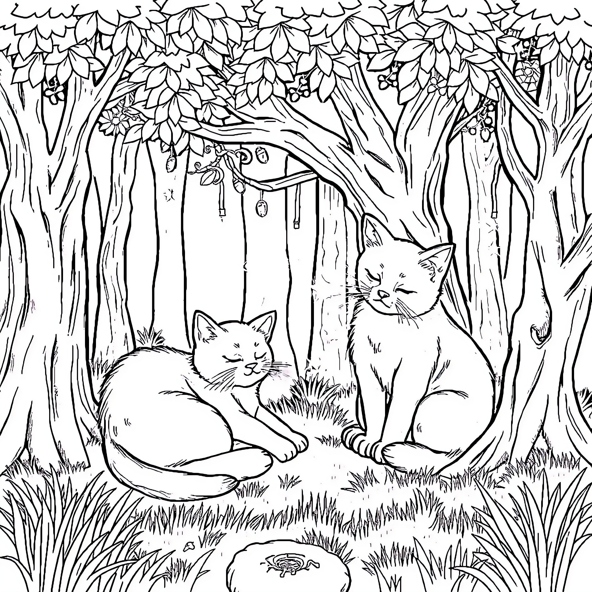 Cats relaxing in the forest Coloring Page (free black-and-white line drawing printable PDF for all, from beginners to advanced learners, including children, teens, adults, and seniors)