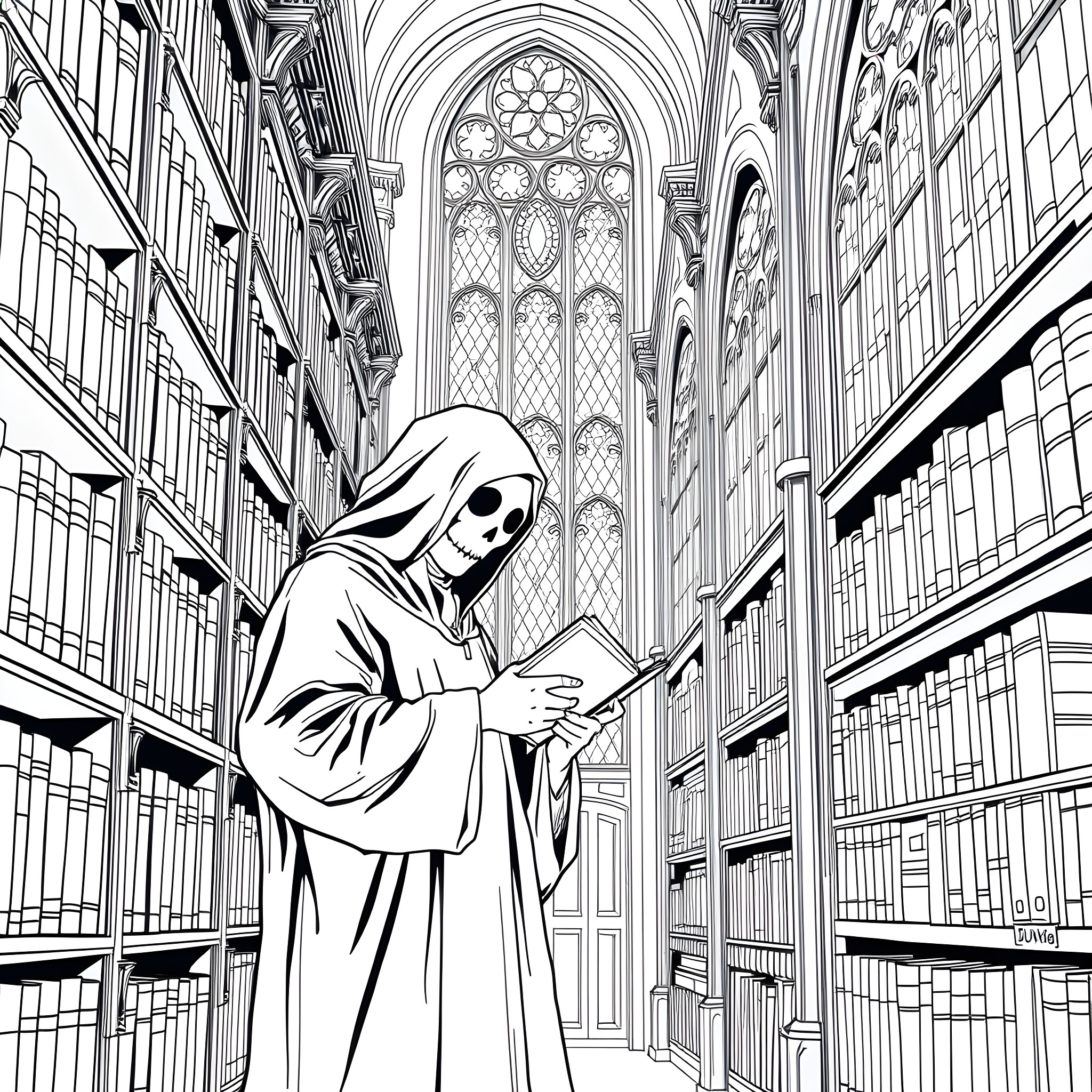 Ghostface Haunting the Halls of the Gothic Library Coloring Page (free black-and-white line drawing printable PDF for all, from beginners to advanced learners, including children, teens, adults, and seniors)