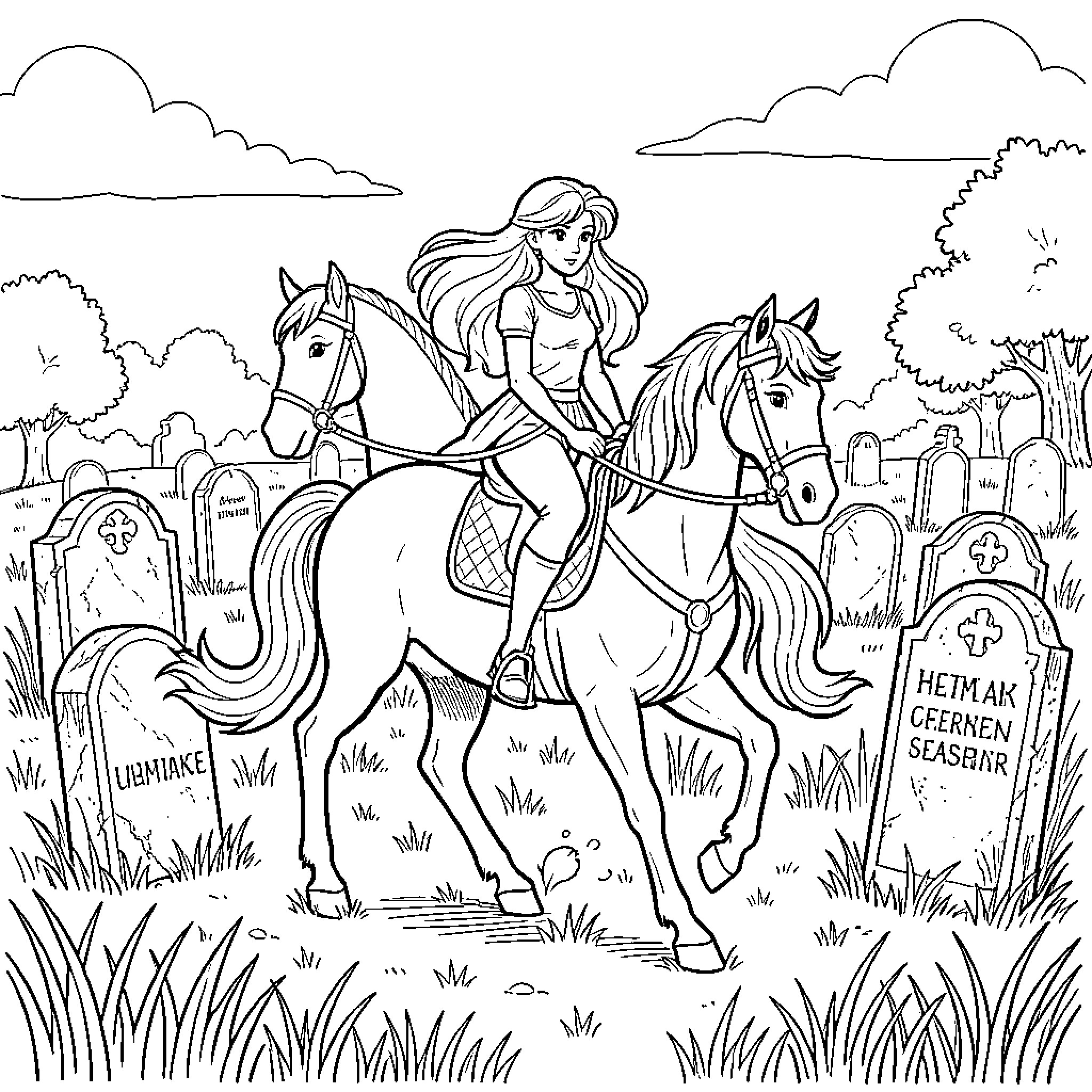Ariel riding a horse through a graveyard Coloring Page (free black-and-white line drawing printable PDF for all, from beginners to advanced learners, including children, teens, adults, and seniors)