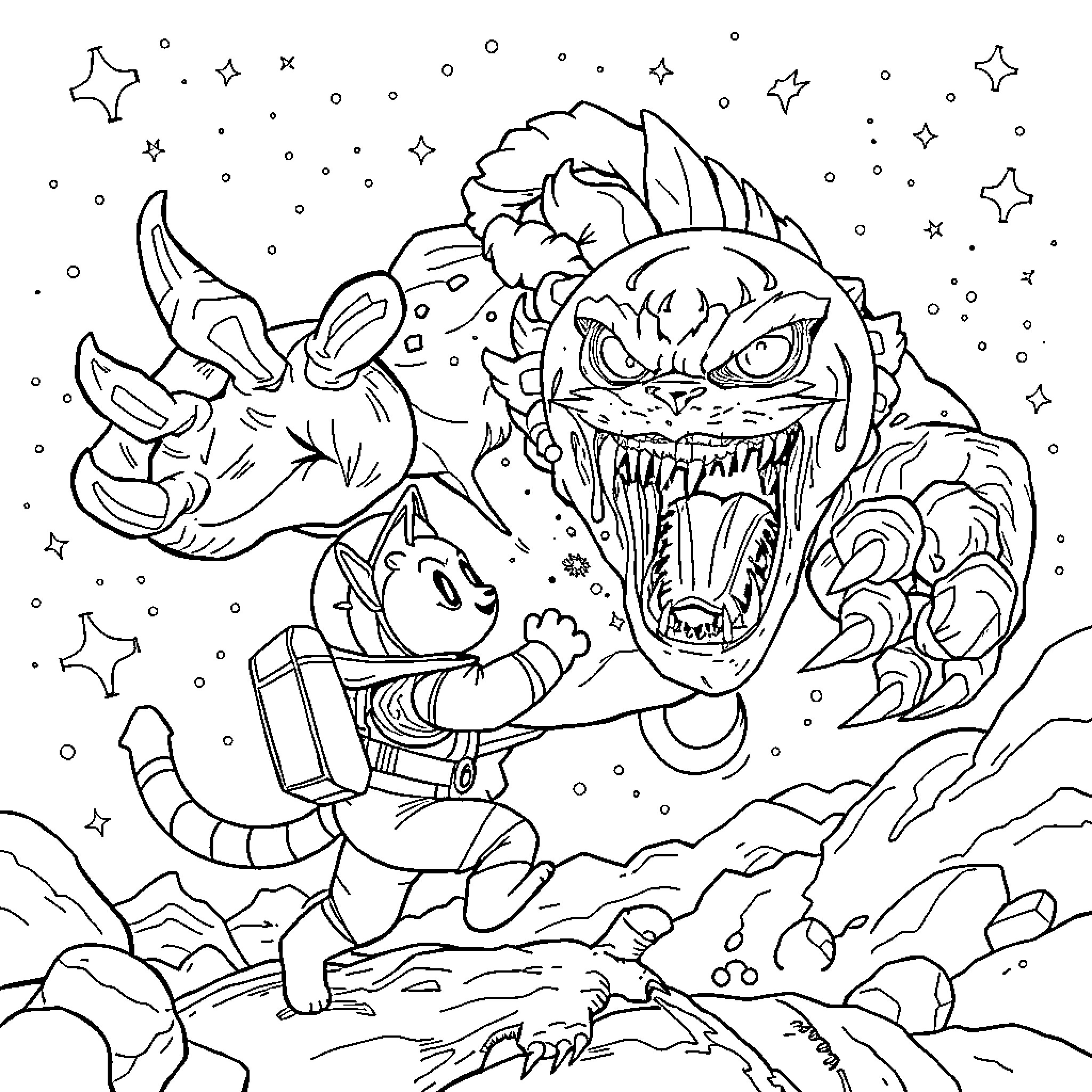 Cat battling a ferocious monster in the night sky Coloring Page (free black-and-white line drawing printable PDF for all, from beginners to advanced learners, including children, teens, adults, and seniors)