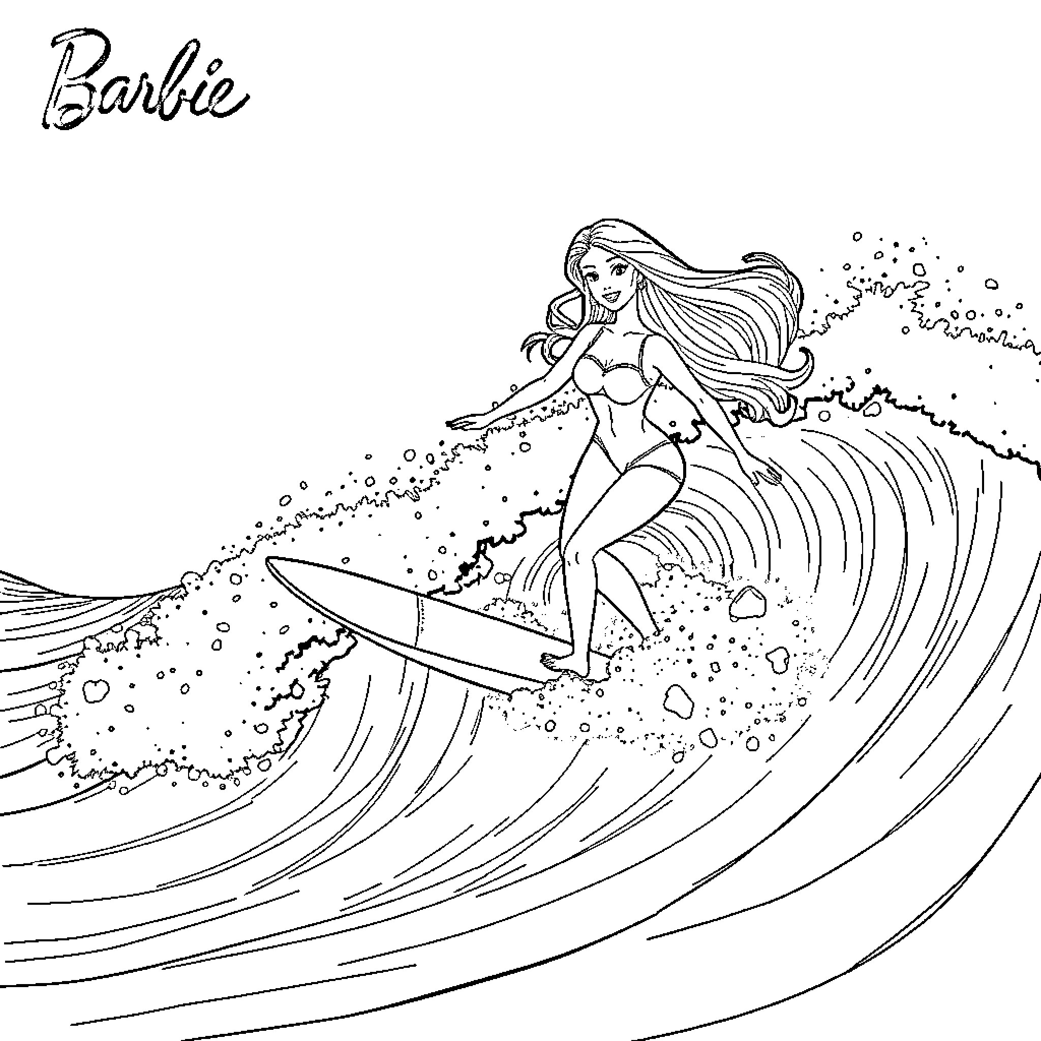 Barbie surfing on a big wave Coloring Page (free black-and-white line drawing printable PDF for all, from beginners to advanced learners, including children, teens, adults, and seniors)