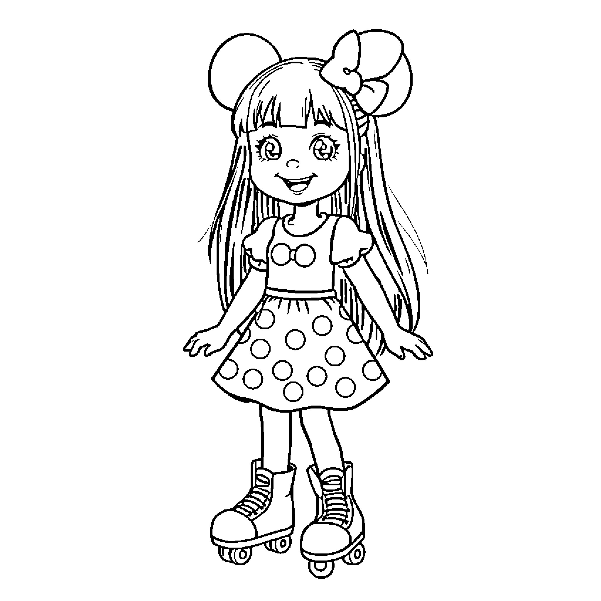 Girl in Polka Dot Dress Rollerblading Coloring Page (free black-and-white line drawing printable PDF for all, from beginners to advanced learners, including children, teens, adults, and seniors)