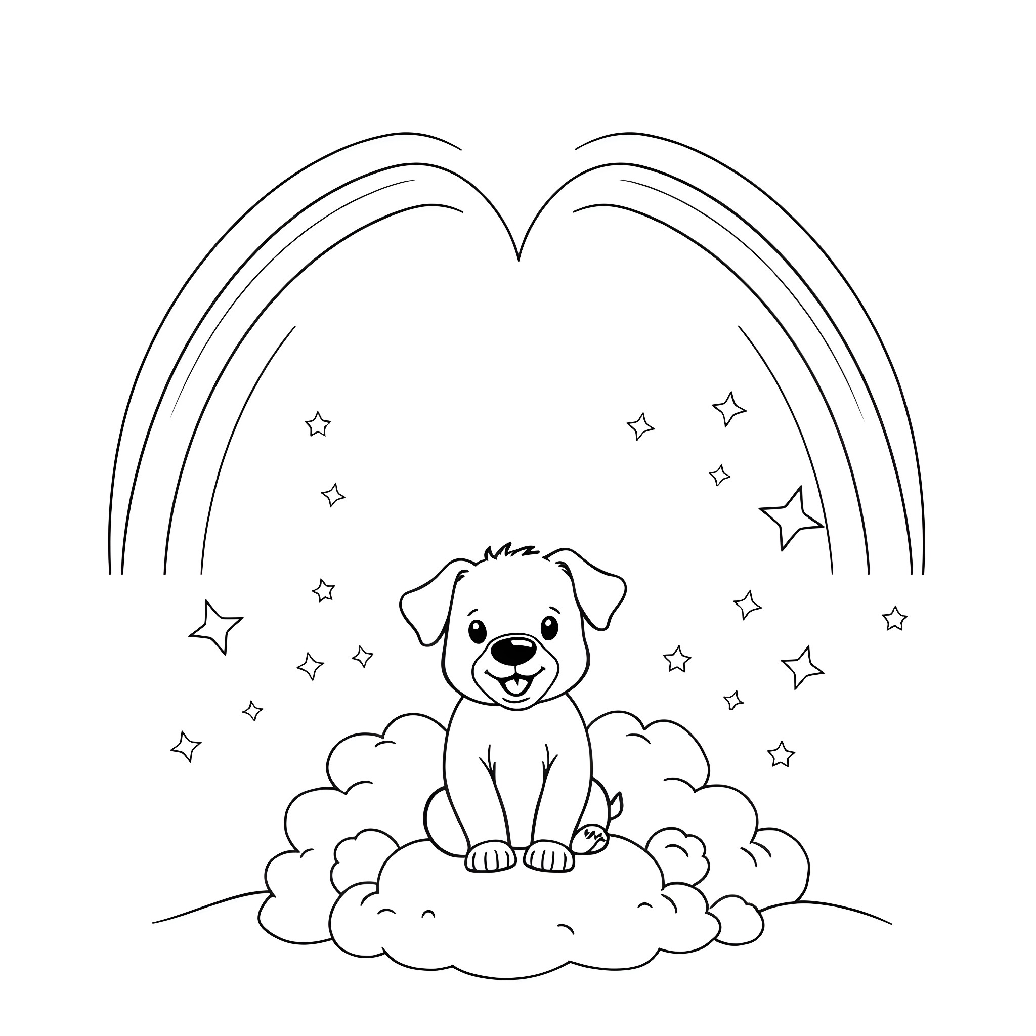 Heart-warming puppy on a cloud with stars Coloring Page (free black-and-white line drawing printable PDF for all, from beginners to advanced learners, including children, teens, adults, and seniors)