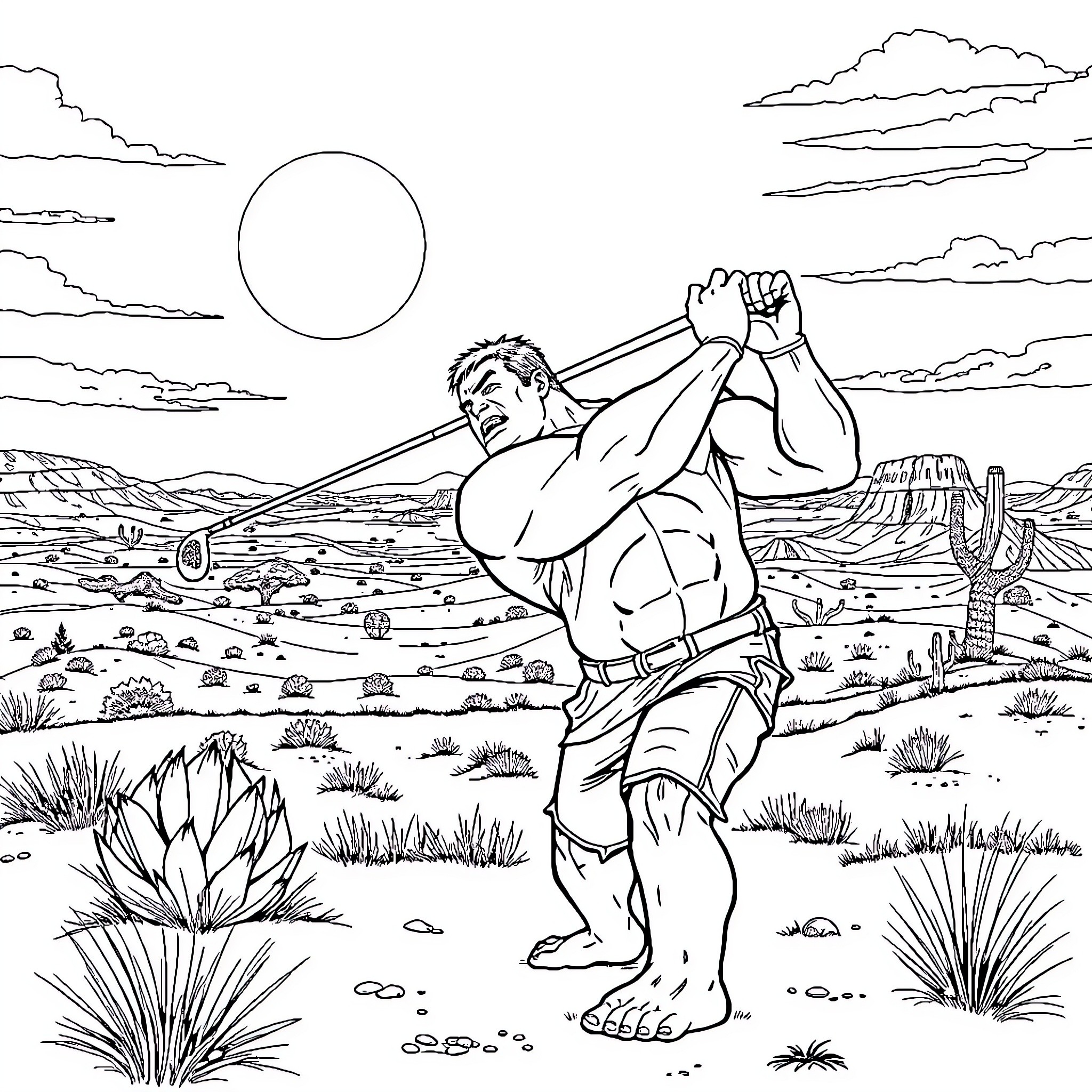 Hulk roaring in the desert landscape Coloring Page (free black-and-white line drawing printable PDF for all, from beginners to advanced learners, including children, teens, adults, and seniors)