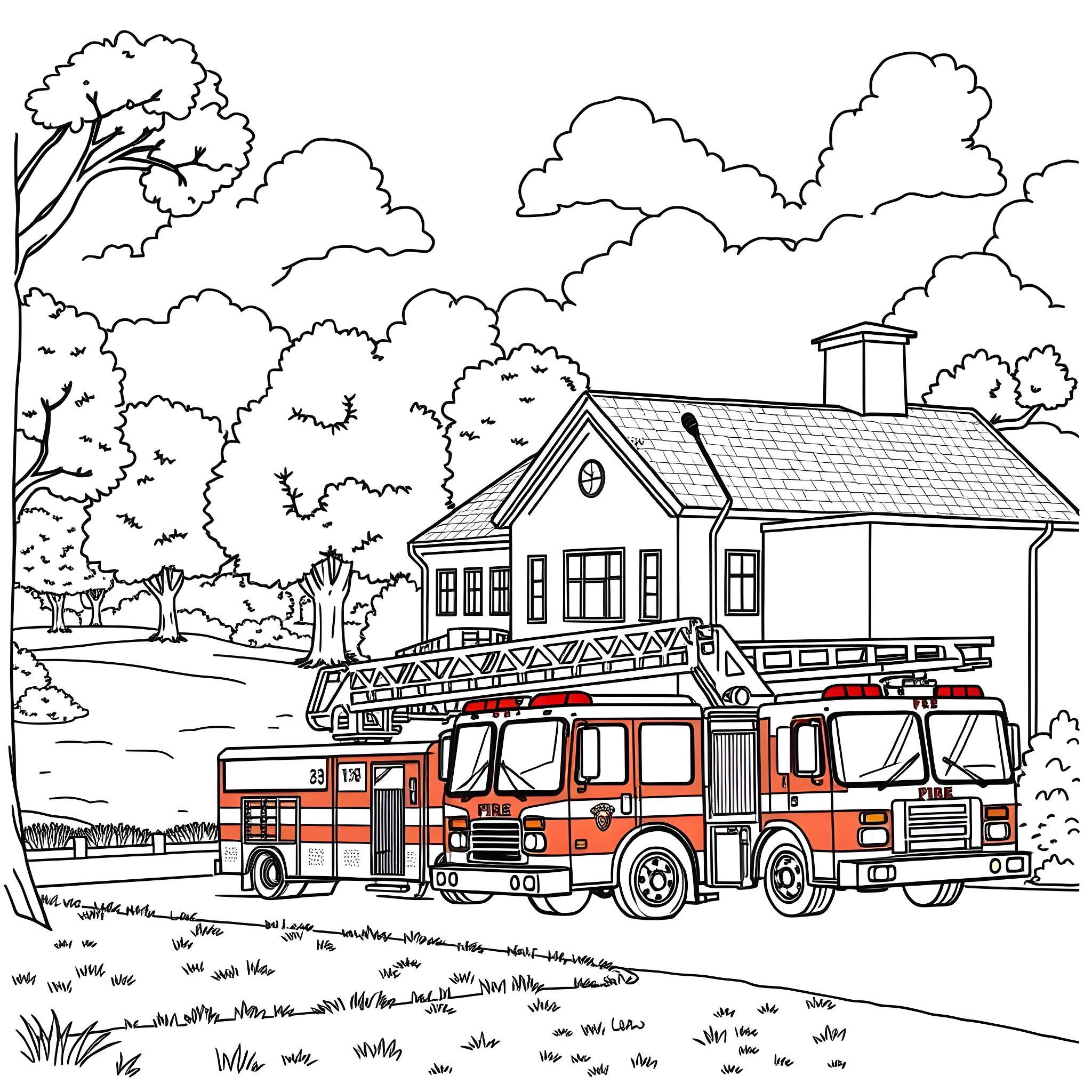Fire Truck Responding to Emergency Call in Neighborhood Coloring Page (free black-and-white line drawing printable PDF for all, from beginners to advanced learners, including children, teens, adults, and seniors)