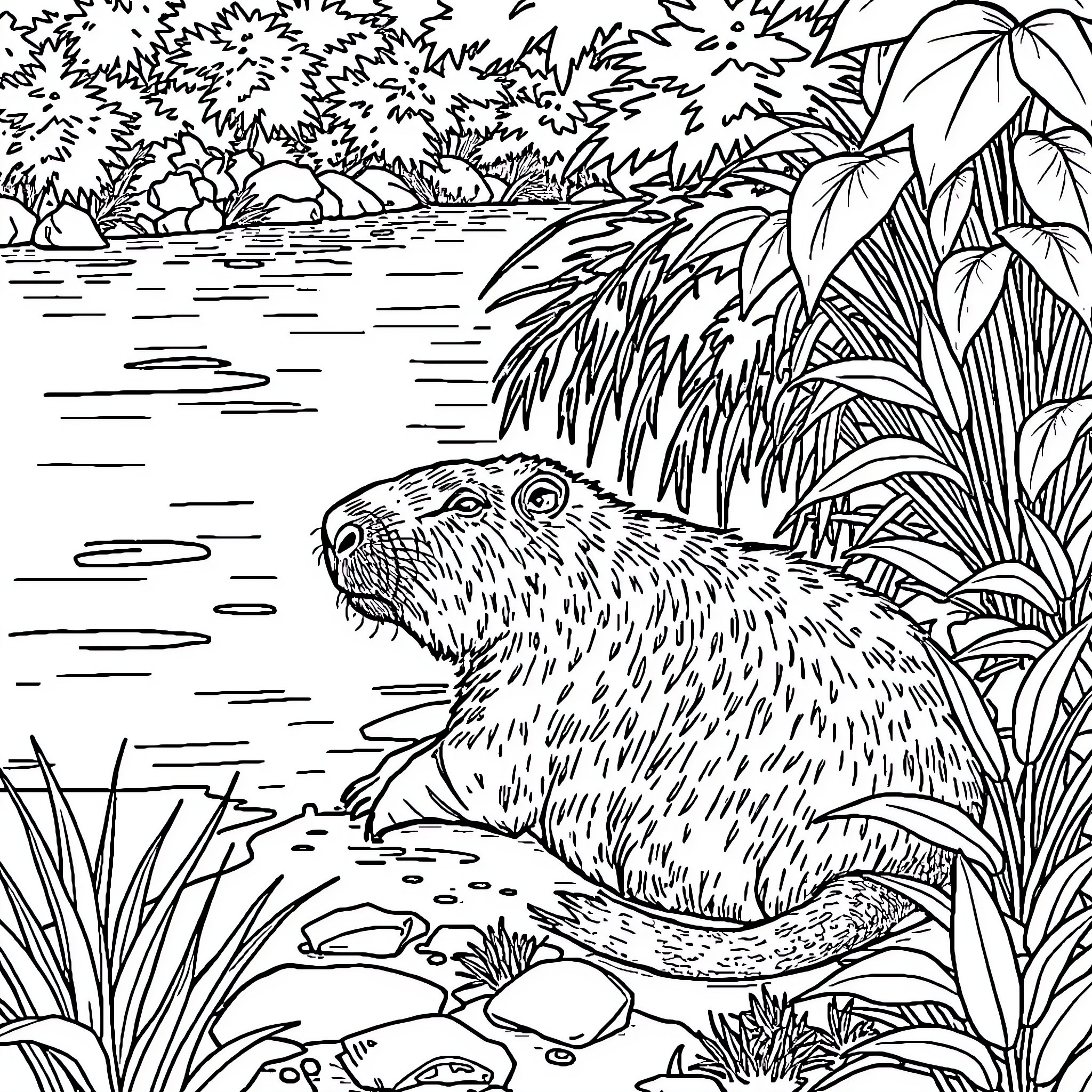 Capibara relaxing in lush tropical landscape Coloring Page (free black-and-white line drawing printable PDF for all, from beginners to advanced learners, including children, teens, adults, and seniors)