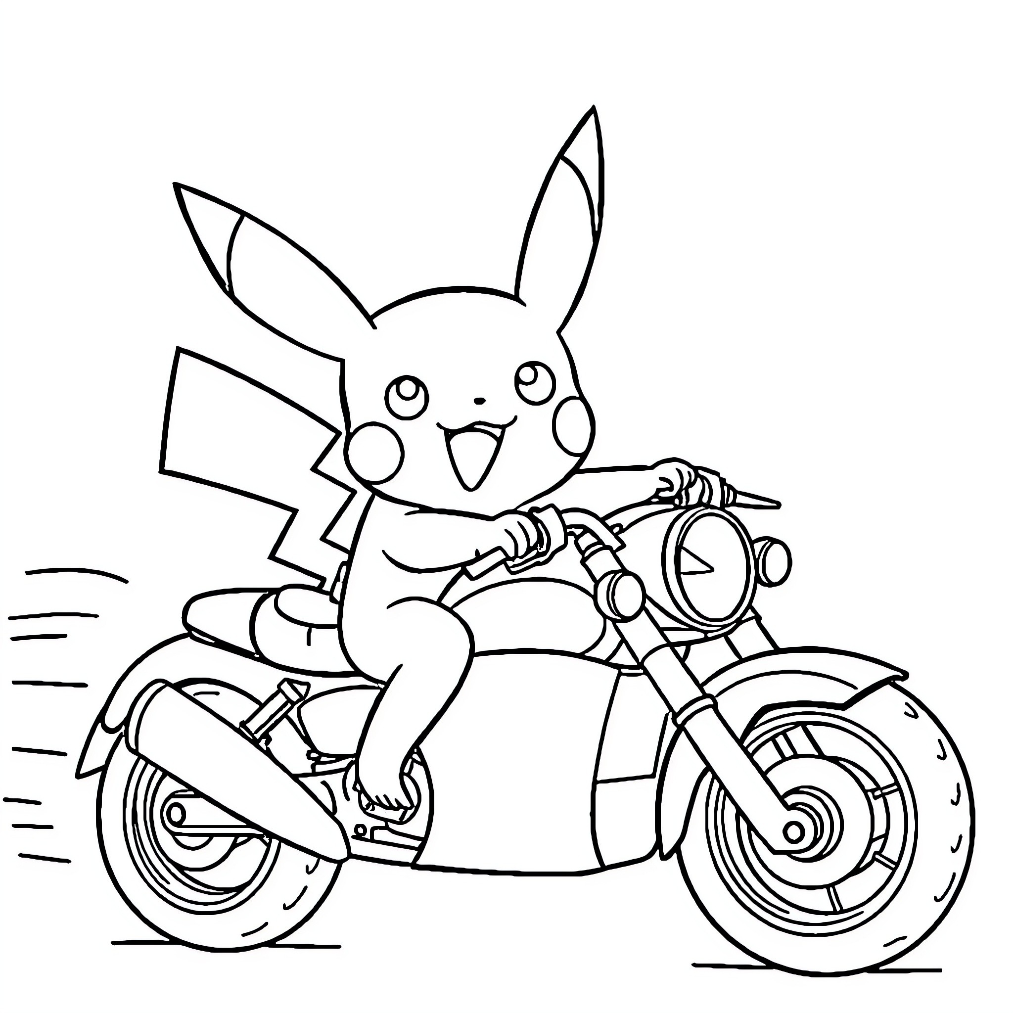 Pikachu riding a motorcycle happily Coloring Page (free black-and-white line drawing printable PDF for all, from beginners to advanced learners, including children, teens, adults, and seniors)