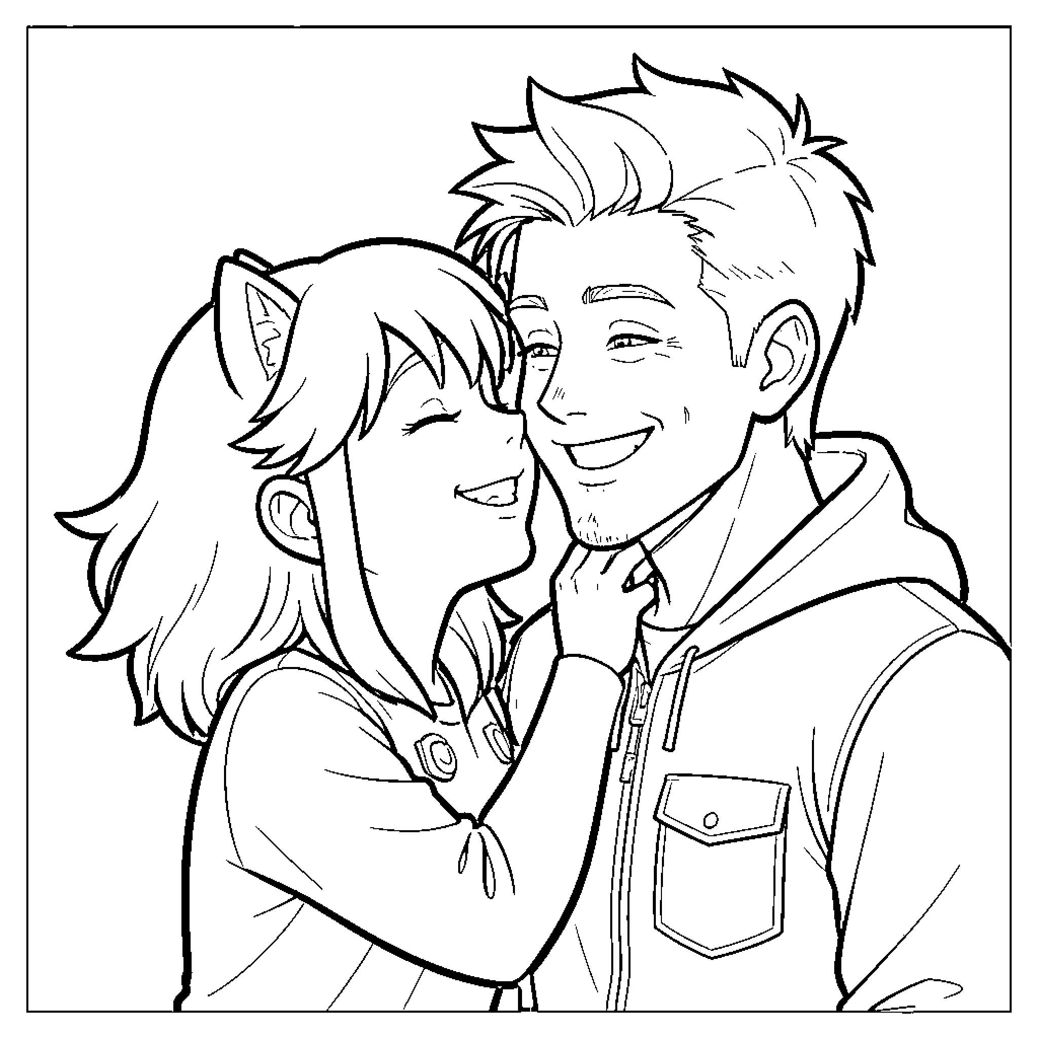 Pomni character hugging a smiling young man Coloring Page (free black-and-white line drawing printable PDF for all, from beginners to advanced learners, including children, teens, adults, and seniors)