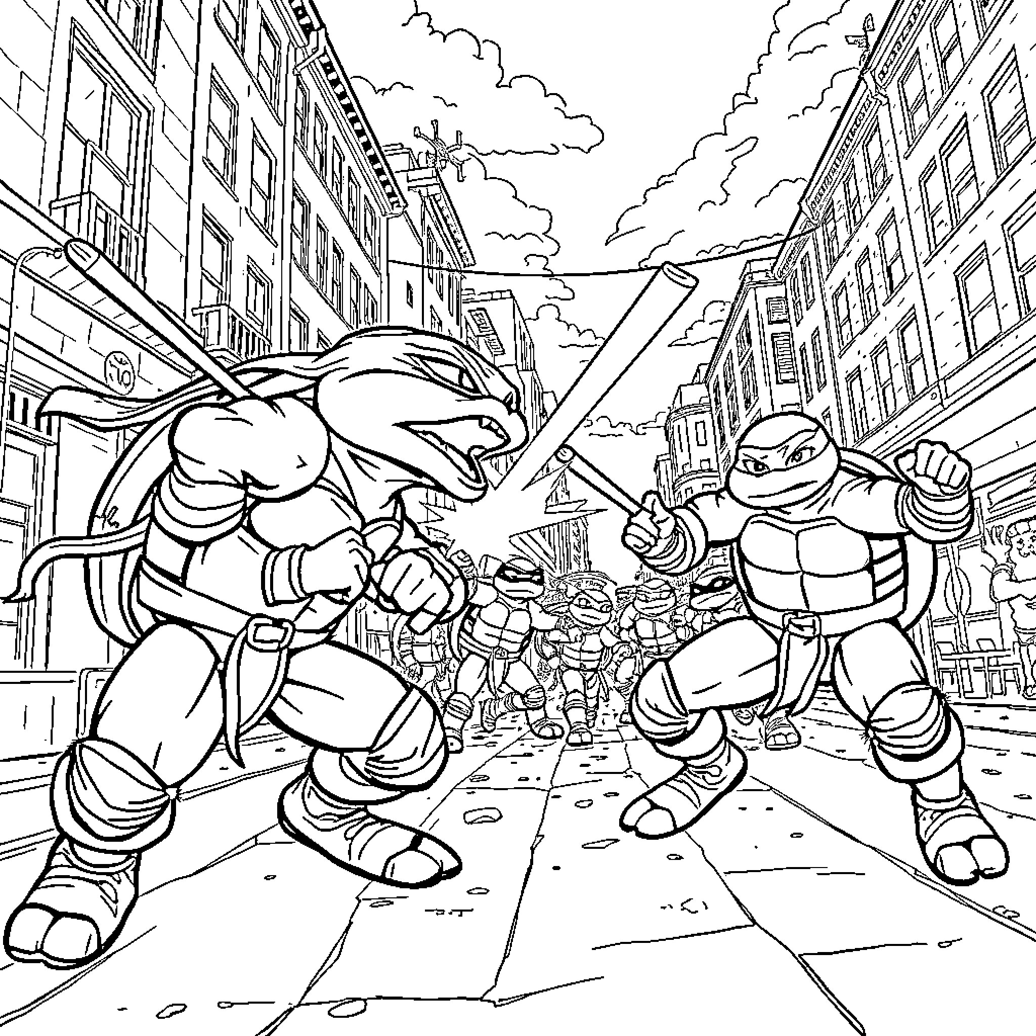Huntix: Teenage Mutant Ninja Turtles Cityscape Clash Coloring Page (free black-and-white line drawing printable PDF for all, from beginners to advanced learners, including children, teens, adults, and seniors)