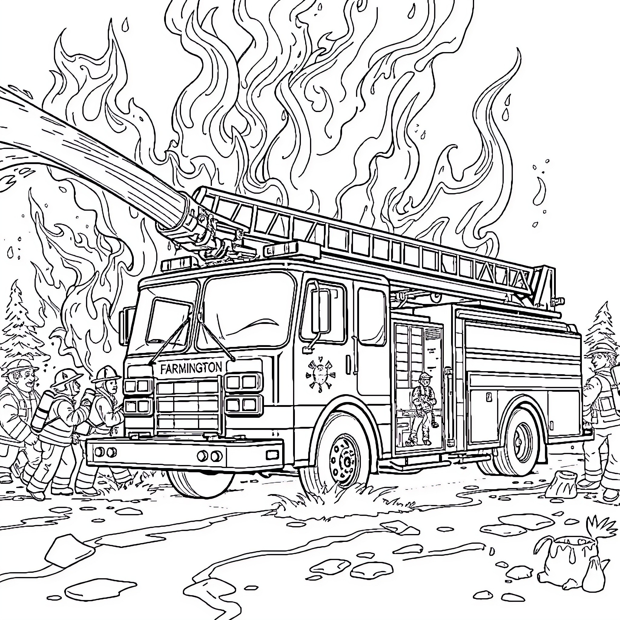 Fire Truck rushing to the scene with emergency lights Coloring Page (free black-and-white line drawing printable PDF for all, from beginners to advanced learners, including children, teens, adults, and seniors)