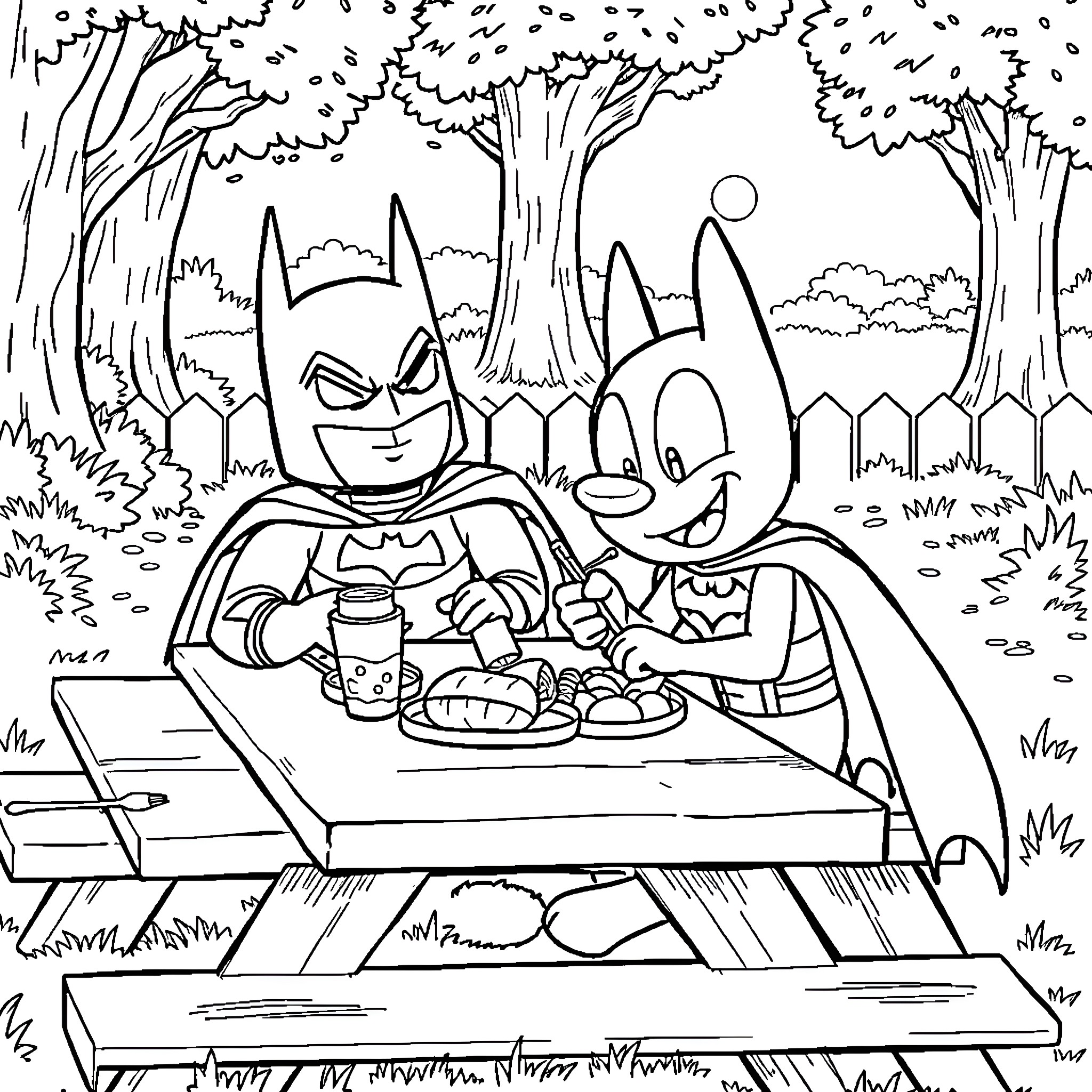 Bluey and Batman Enjoy a Picnic in the Park Coloring Page (free black-and-white line drawing printable PDF for all, from beginners to advanced learners, including children, teens, adults, and seniors)
