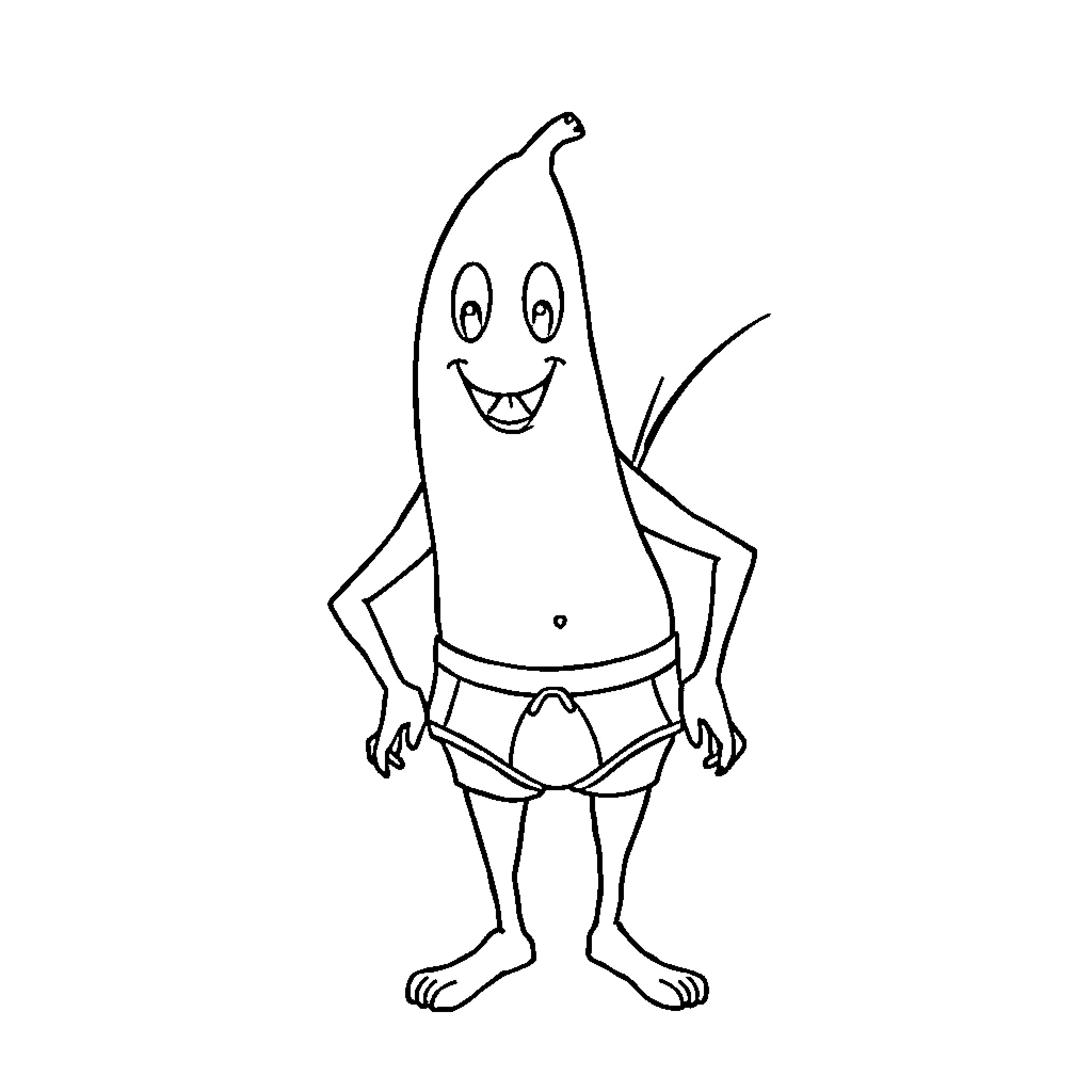Banana character in underwear smiling Coloring Page (free black-and-white line drawing printable PDF for all, from beginners to advanced learners, including children, teens, adults, and seniors)
