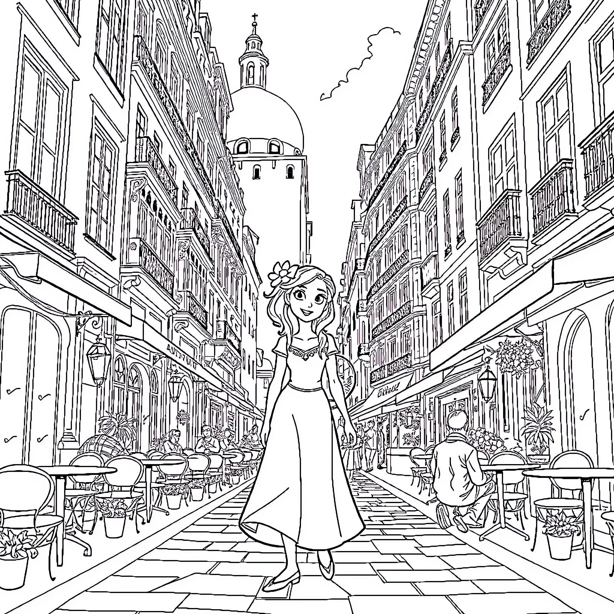 Vaiana exploring the vibrant streets of a European city Coloring Page (free black-and-white line drawing printable PDF for all, from beginners to advanced learners, including children, teens, adults, and seniors)