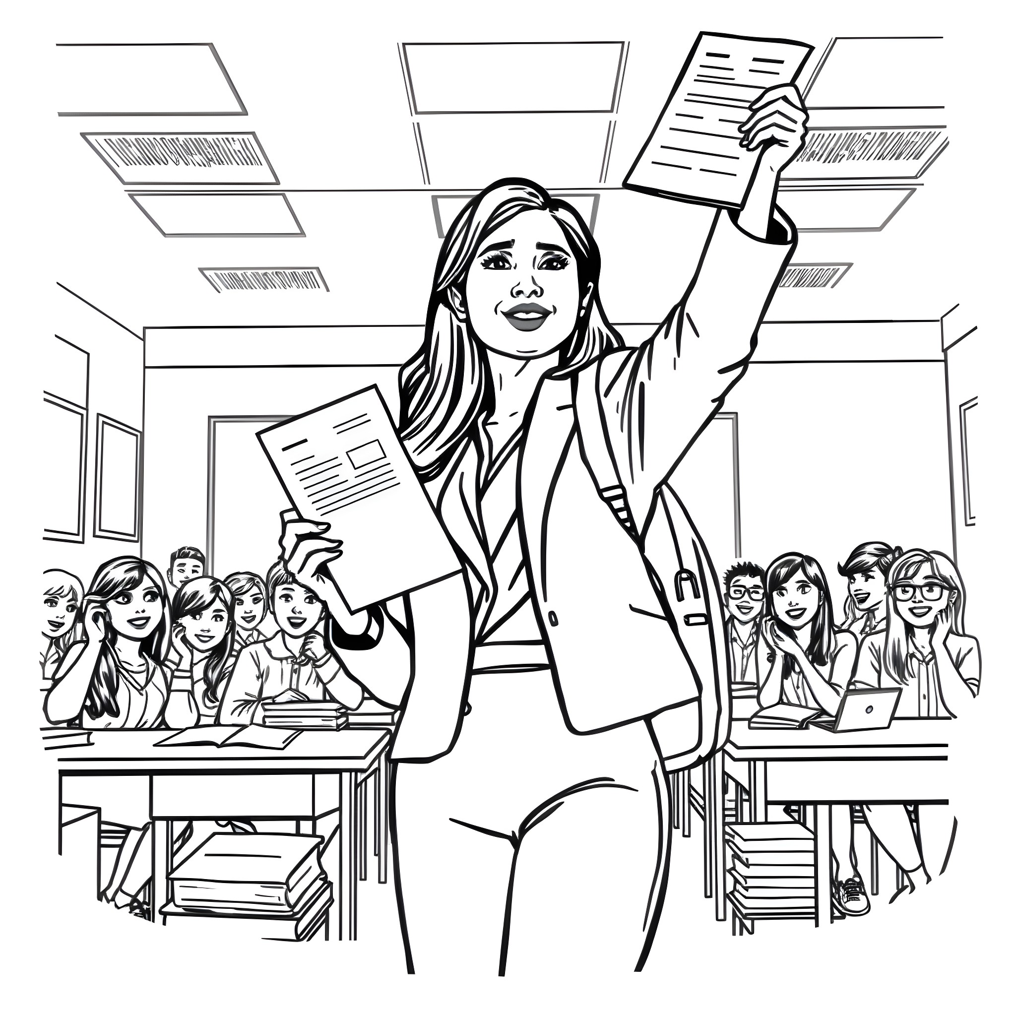 Woman Celebrates Academic Achievement in the Classroom Coloring Page (free black-and-white line drawing printable PDF for all, from beginners to advanced learners, including children, teens, adults, and seniors)