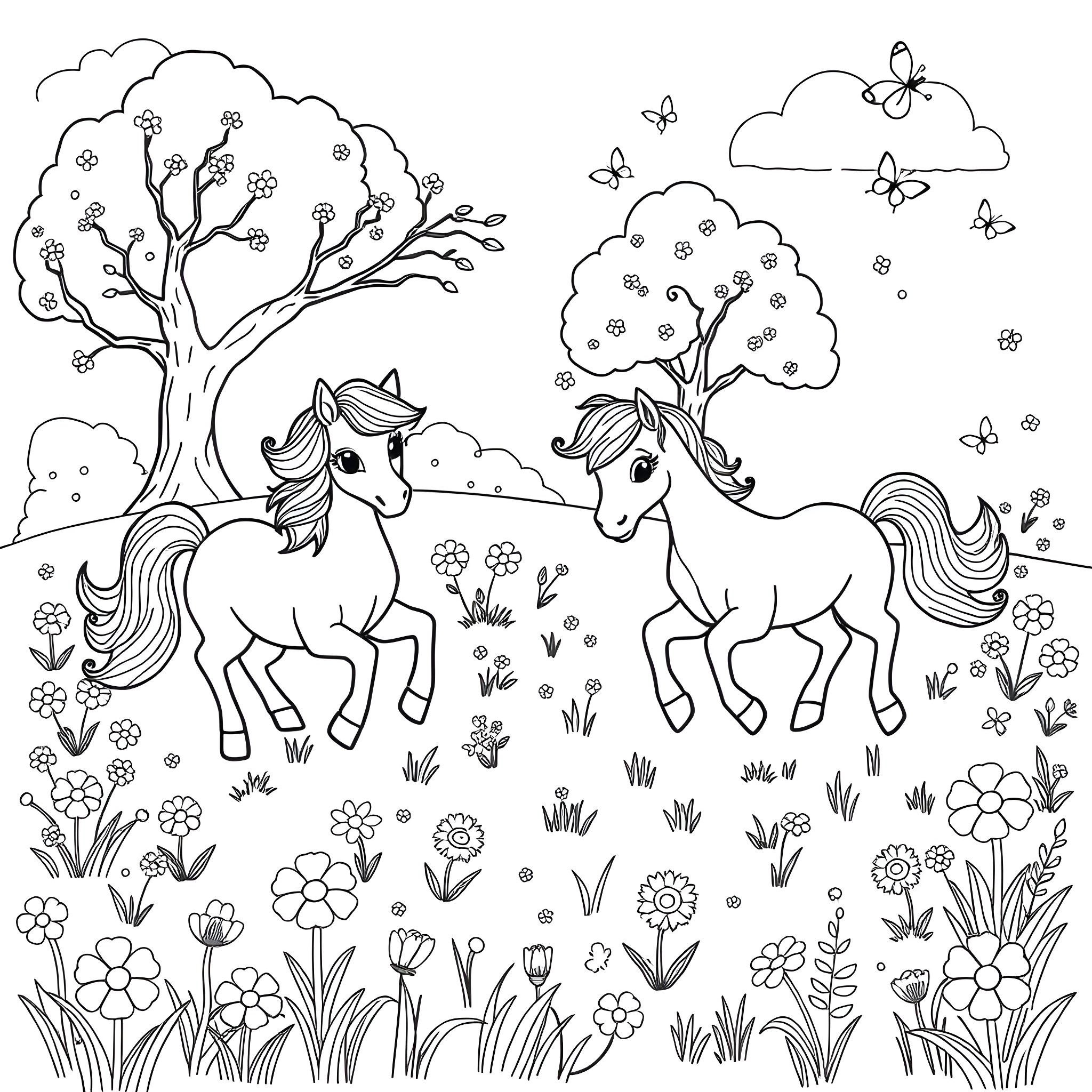 Ponies playing in a whimsical meadow Coloring Page (free black-and-white line drawing printable PDF for all, from beginners to advanced learners, including children, teens, adults, and seniors)