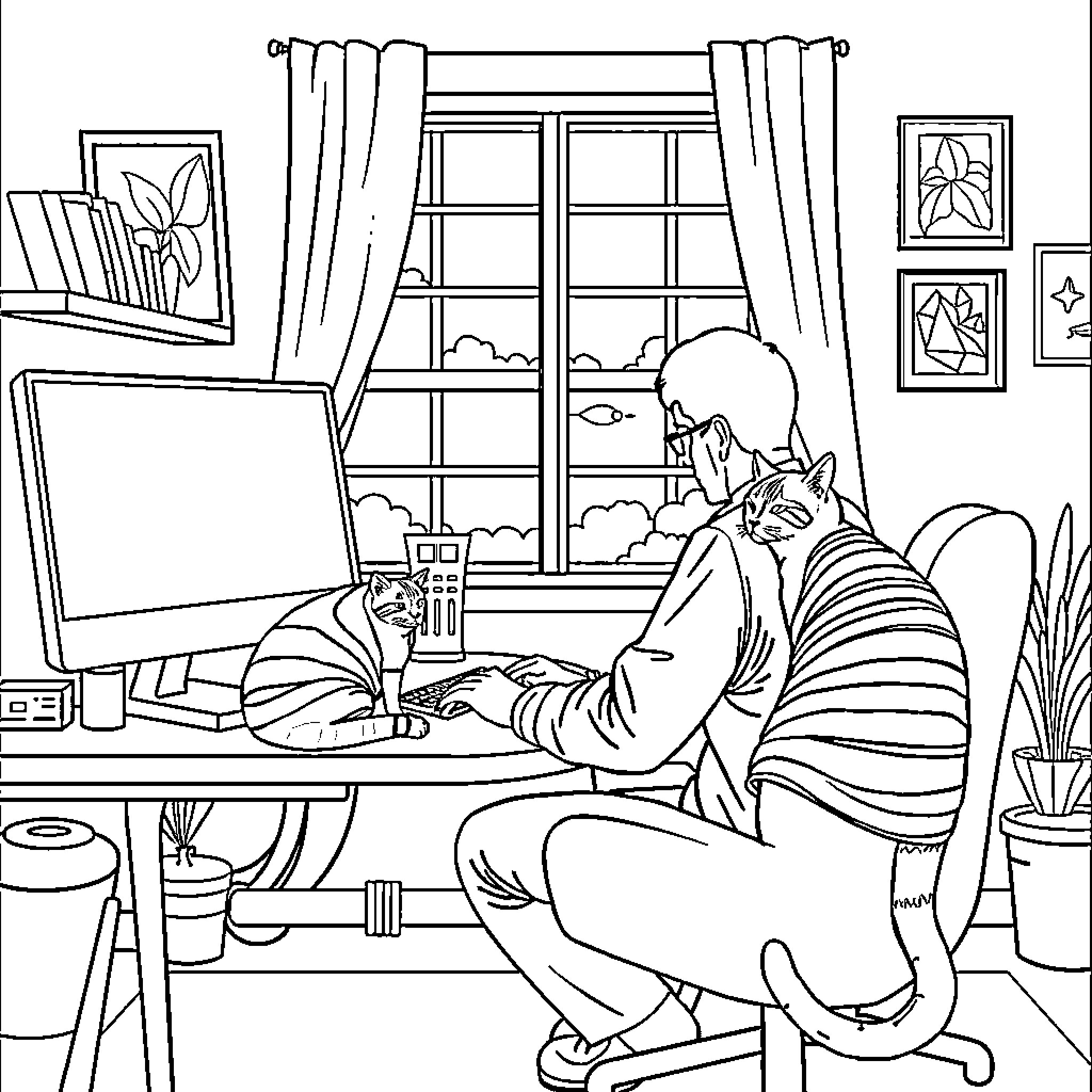 Man working diligently on computer in cozy home office Coloring Page (free black-and-white line drawing printable PDF for all, from beginners to advanced learners, including children, teens, adults, and seniors)