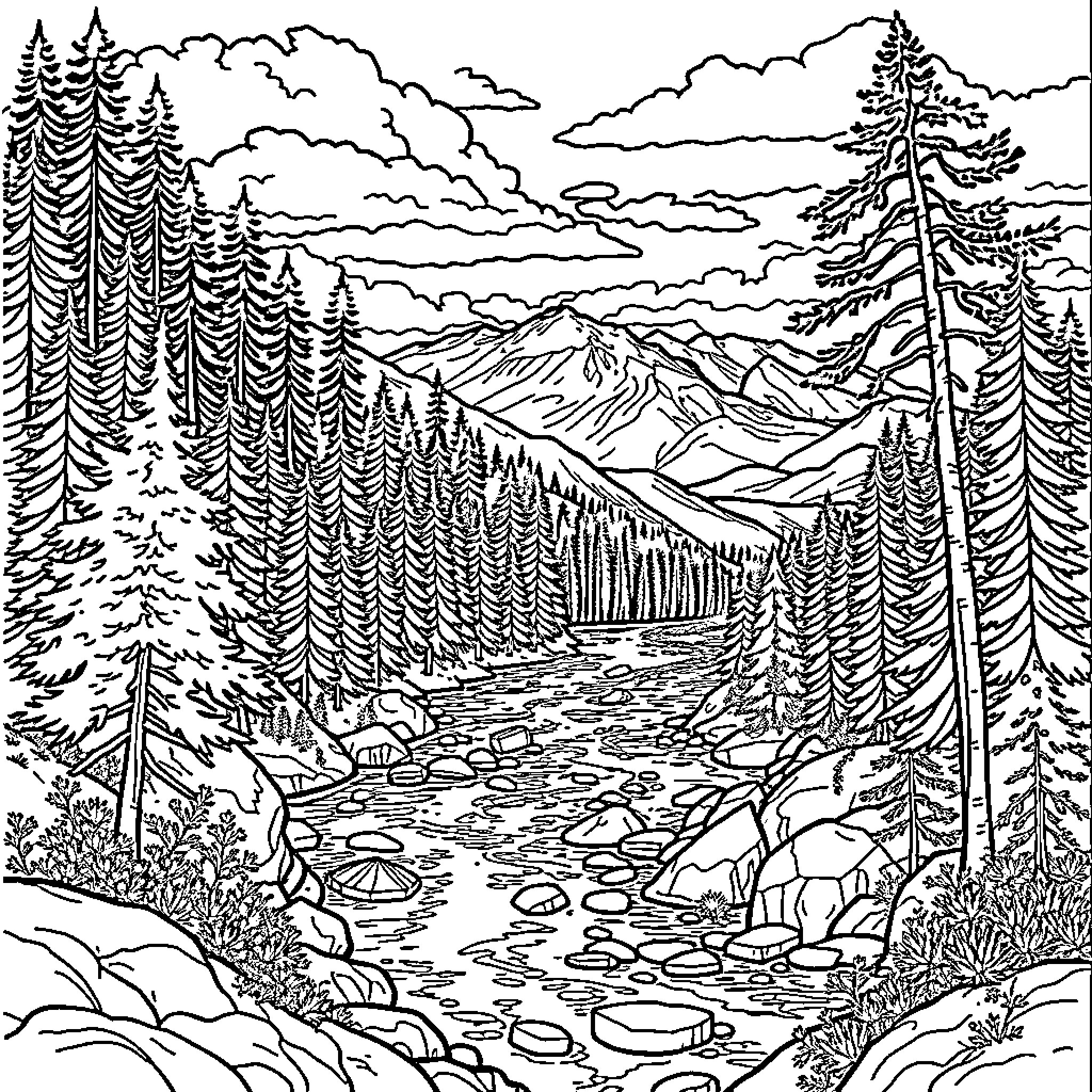 Columbia Plateau scenic wilderness landscape Coloring Page (free black-and-white line drawing printable PDF for all, from beginners to advanced learners, including children, teens, adults, and seniors)