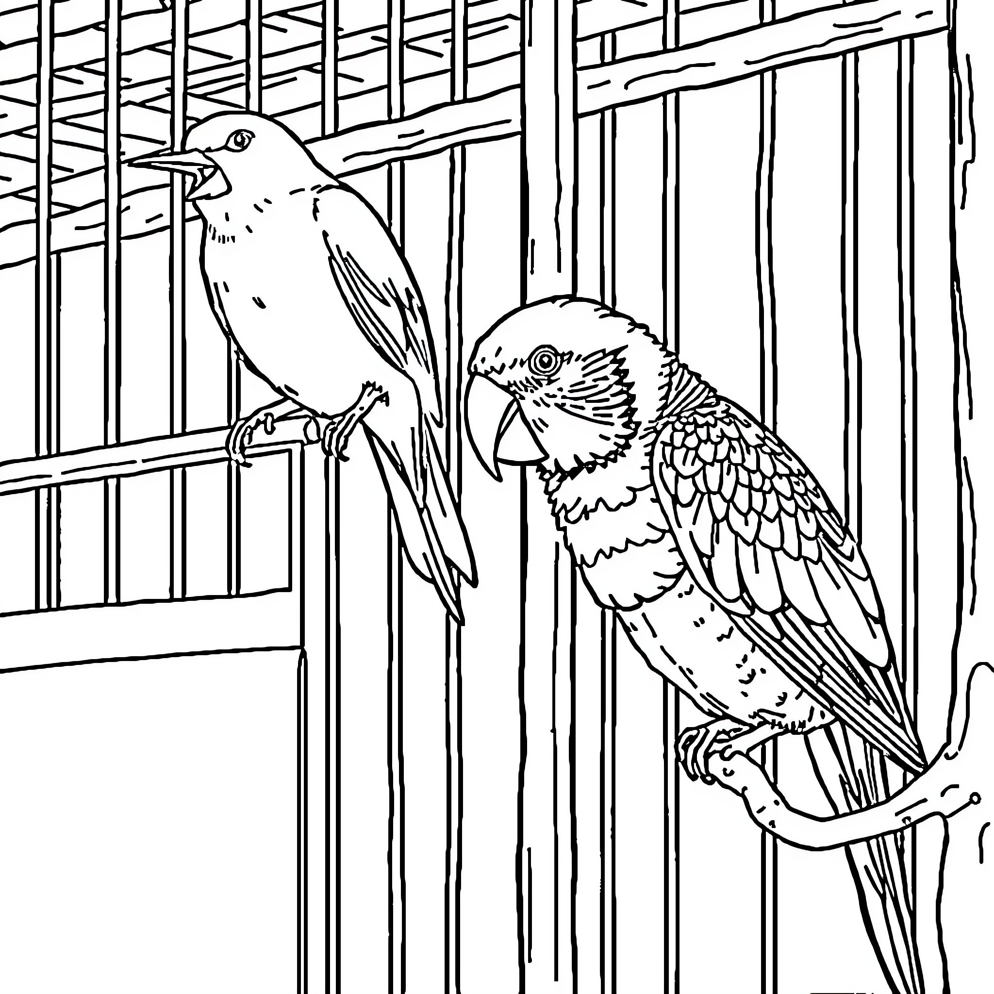 Canary birds in a cage Coloring Page (free black-and-white line drawing printable PDF for all, from beginners to advanced learners, including children, teens, adults, and seniors)