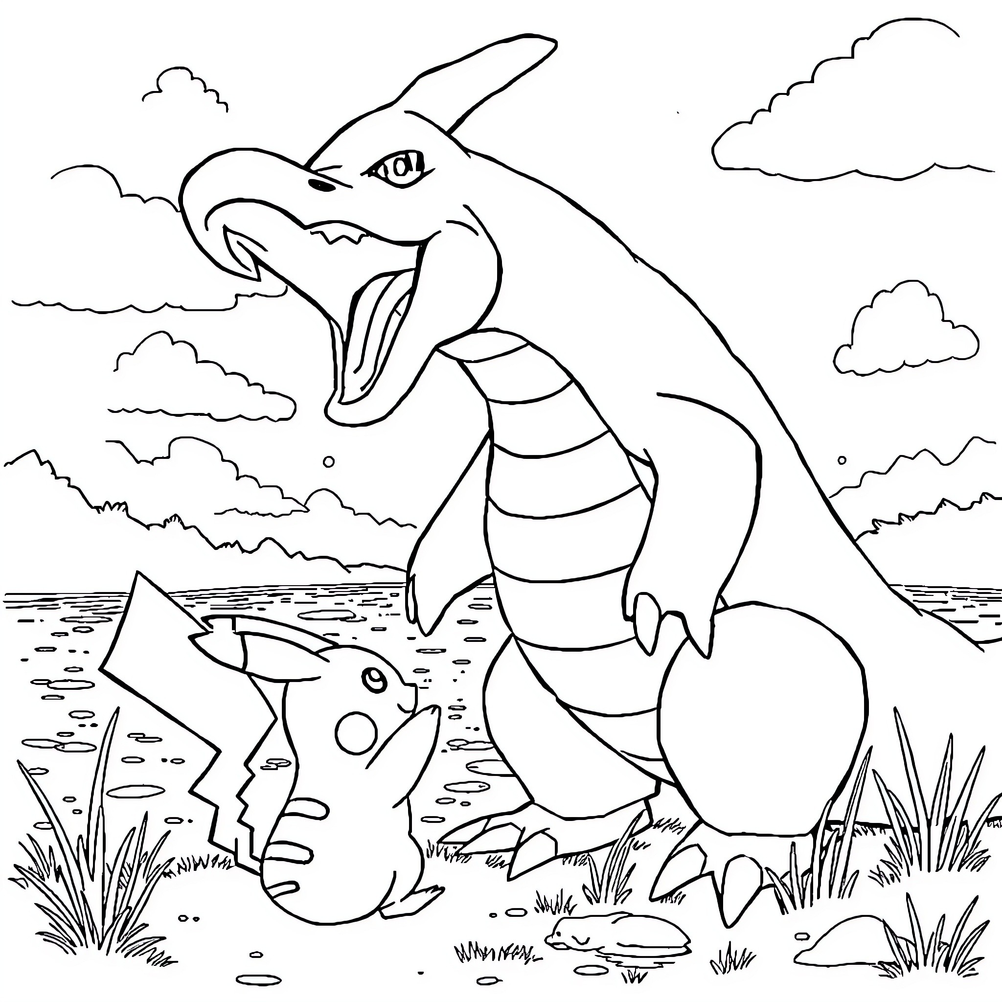 Pikachu adventures with a giant water dragon Coloring Page (free black-and-white line drawing printable PDF for all, from beginners to advanced learners, including children, teens, adults, and seniors)