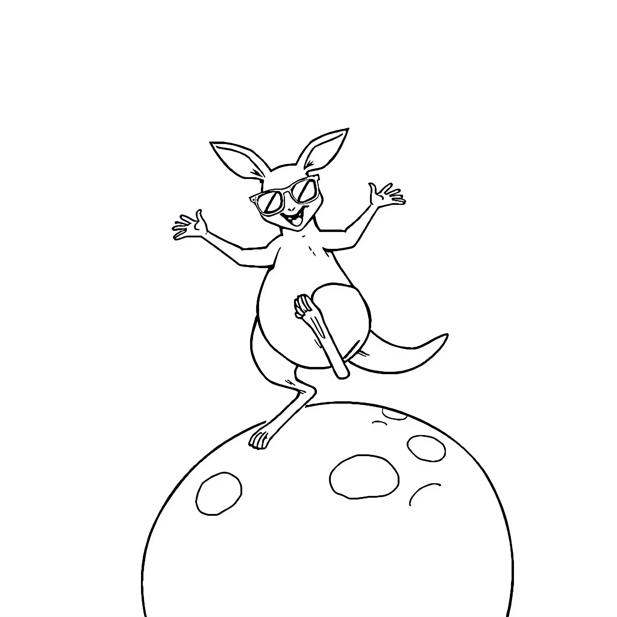 Kangaroo dancing happily on the moon Coloring Page (free black-and-white line drawing printable PDF for all, from beginners to advanced learners, including children, teens, adults, and seniors)