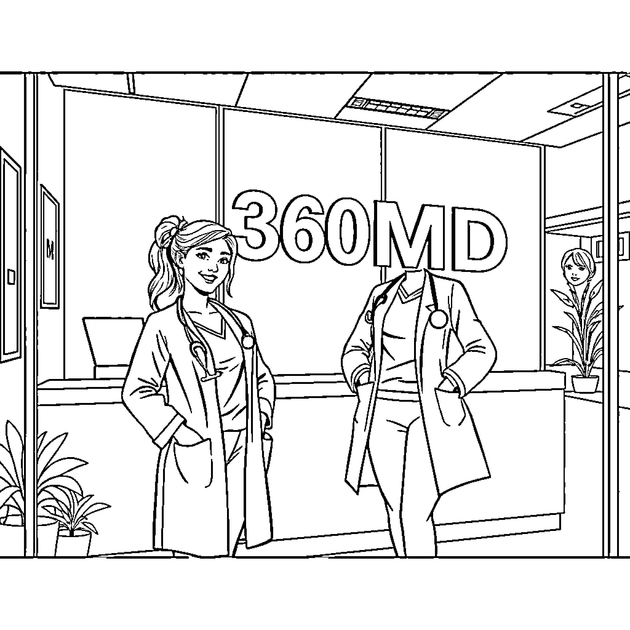 Doctor attends to patient in medical clinic Coloring Page (free black-and-white line drawing printable PDF for all, from beginners to advanced learners, including children, teens, adults, and seniors)