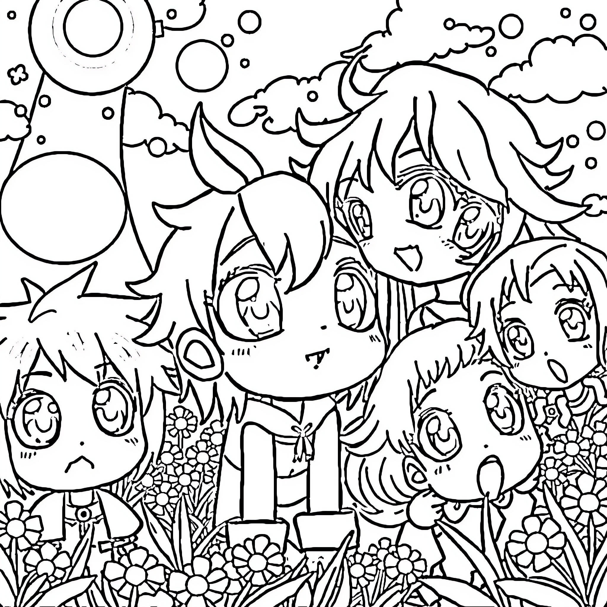 Anime Characters in a Whimsical Outdoor Scene Coloring Page (free black-and-white line drawing printable PDF for all, from beginners to advanced learners, including children, teens, adults, and seniors)
