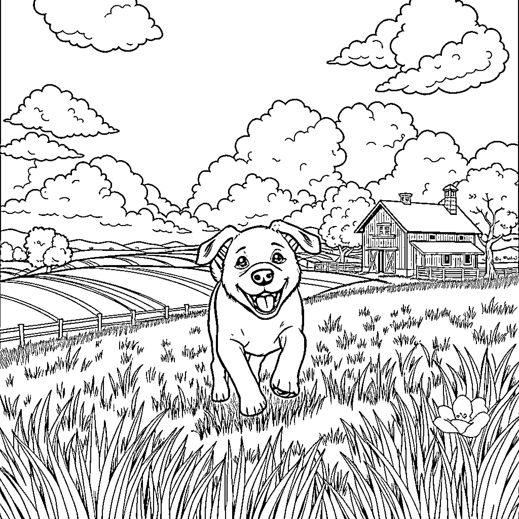 Dog happily exploring the countryside farm Coloring Page (free black-and-white line drawing printable PDF for all, from beginners to advanced learners, including children, teens, adults, and seniors)