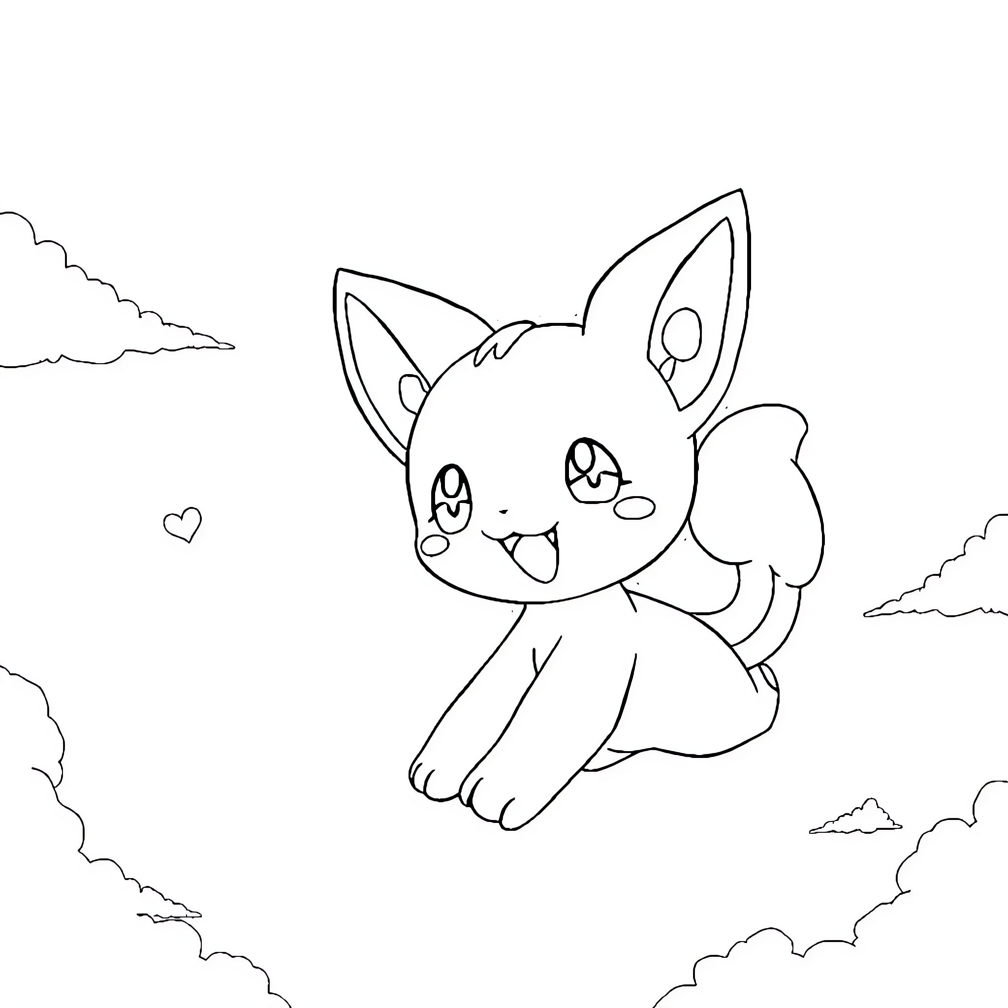 Mew happily frolicking in the clouds Coloring Page (free black-and-white line drawing printable PDF for all, from beginners to advanced learners, including children, teens, adults, and seniors)