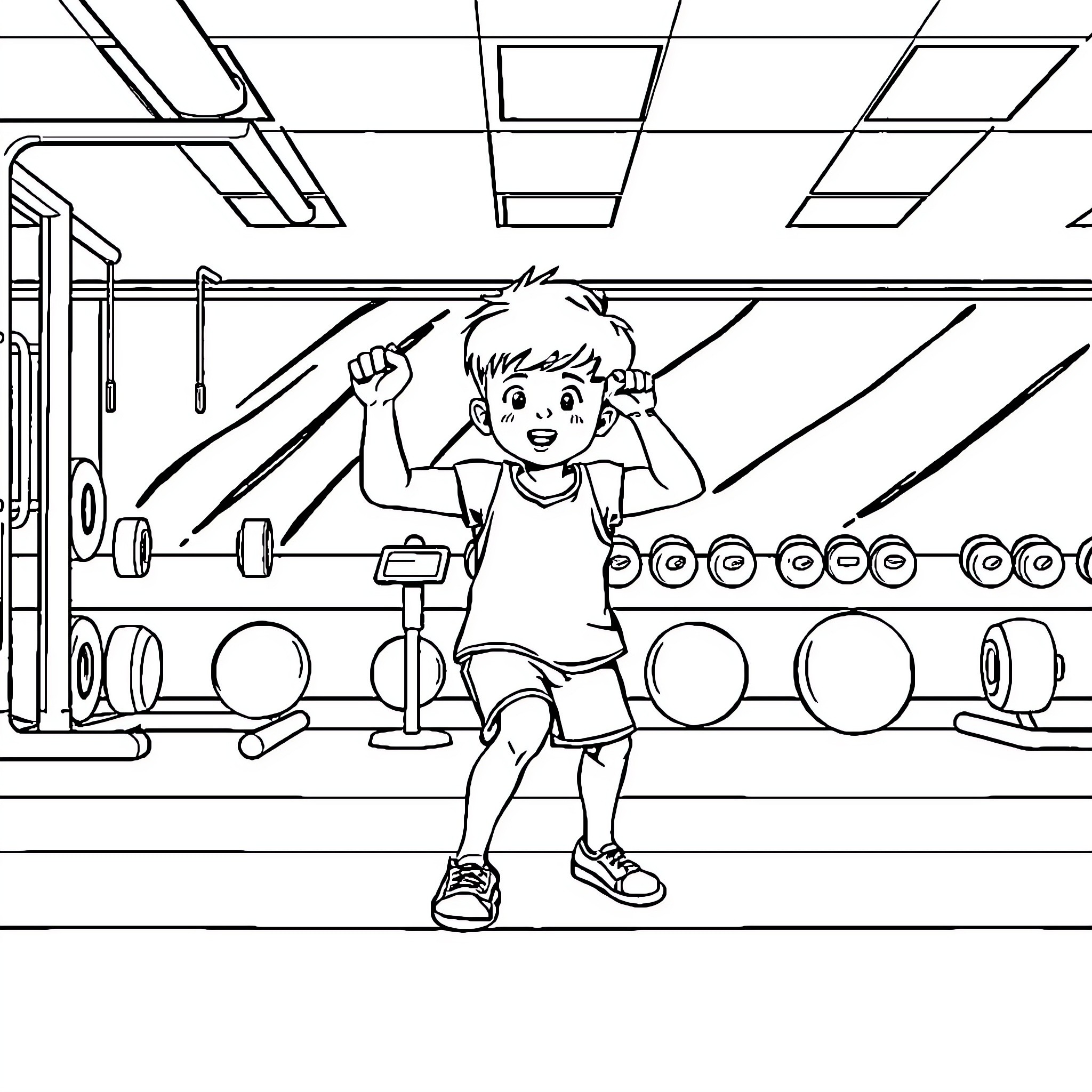 Kid exercising and lifting weights in a gym Coloring Page (free black-and-white line drawing printable PDF for all, from beginners to advanced learners, including children, teens, adults, and seniors)