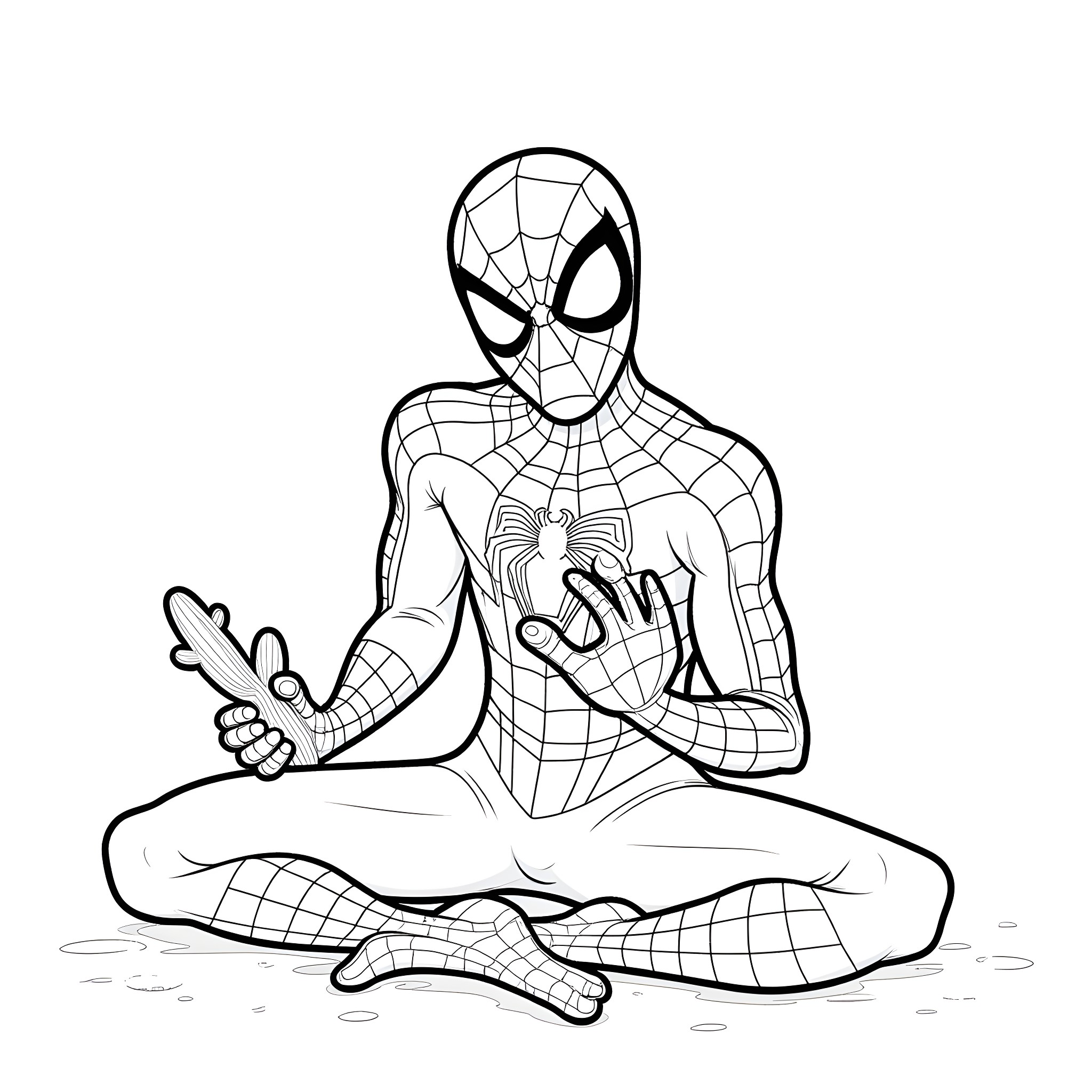 Spiderman in meditation pose Coloring Page (free black-and-white line drawing printable PDF for all, from beginners to advanced learners, including children, teens, adults, and seniors)