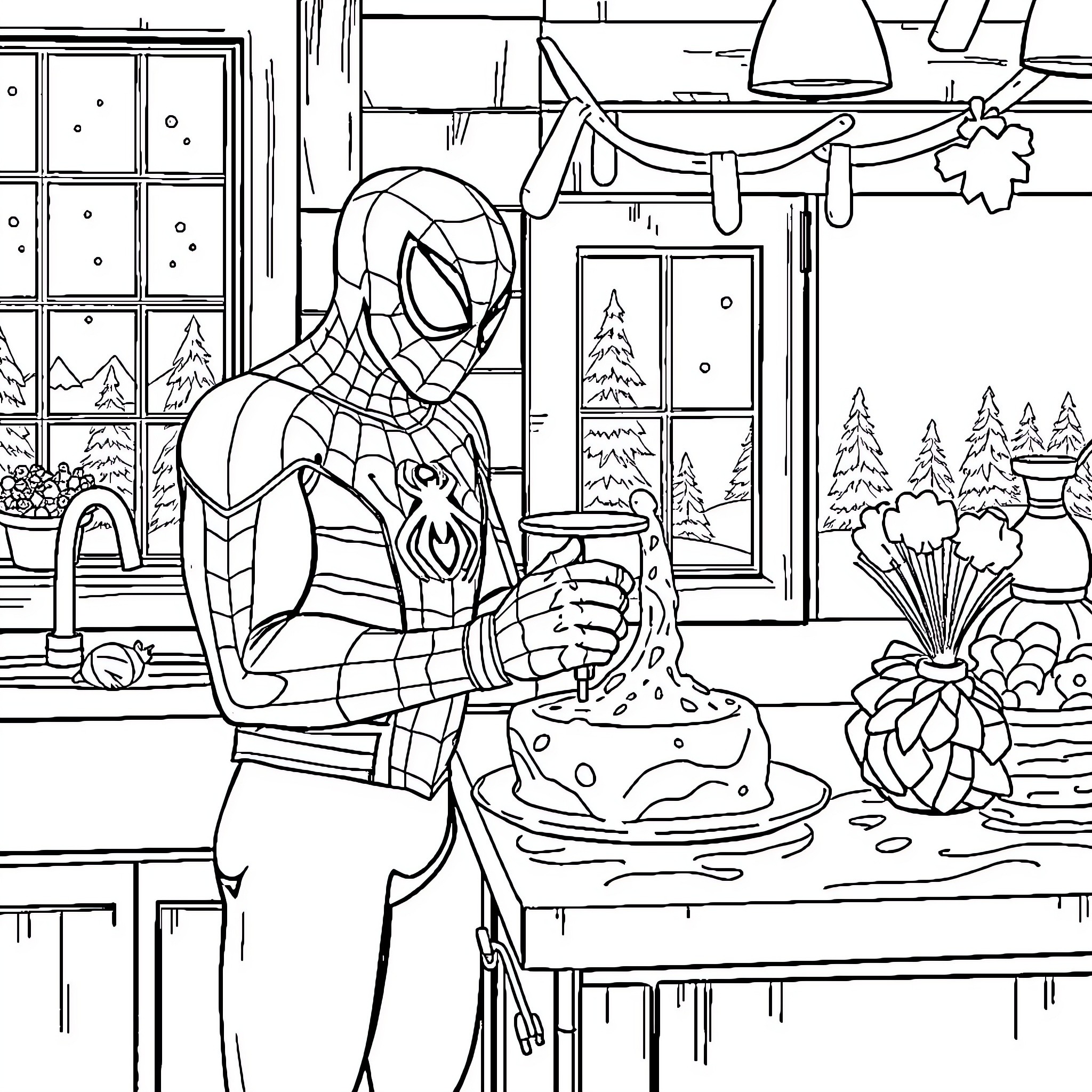 Spiderman decorating a Christmas cake in a cozy home Coloring Page (free black-and-white line drawing printable PDF for all, from beginners to advanced learners, including children, teens, adults, and seniors)