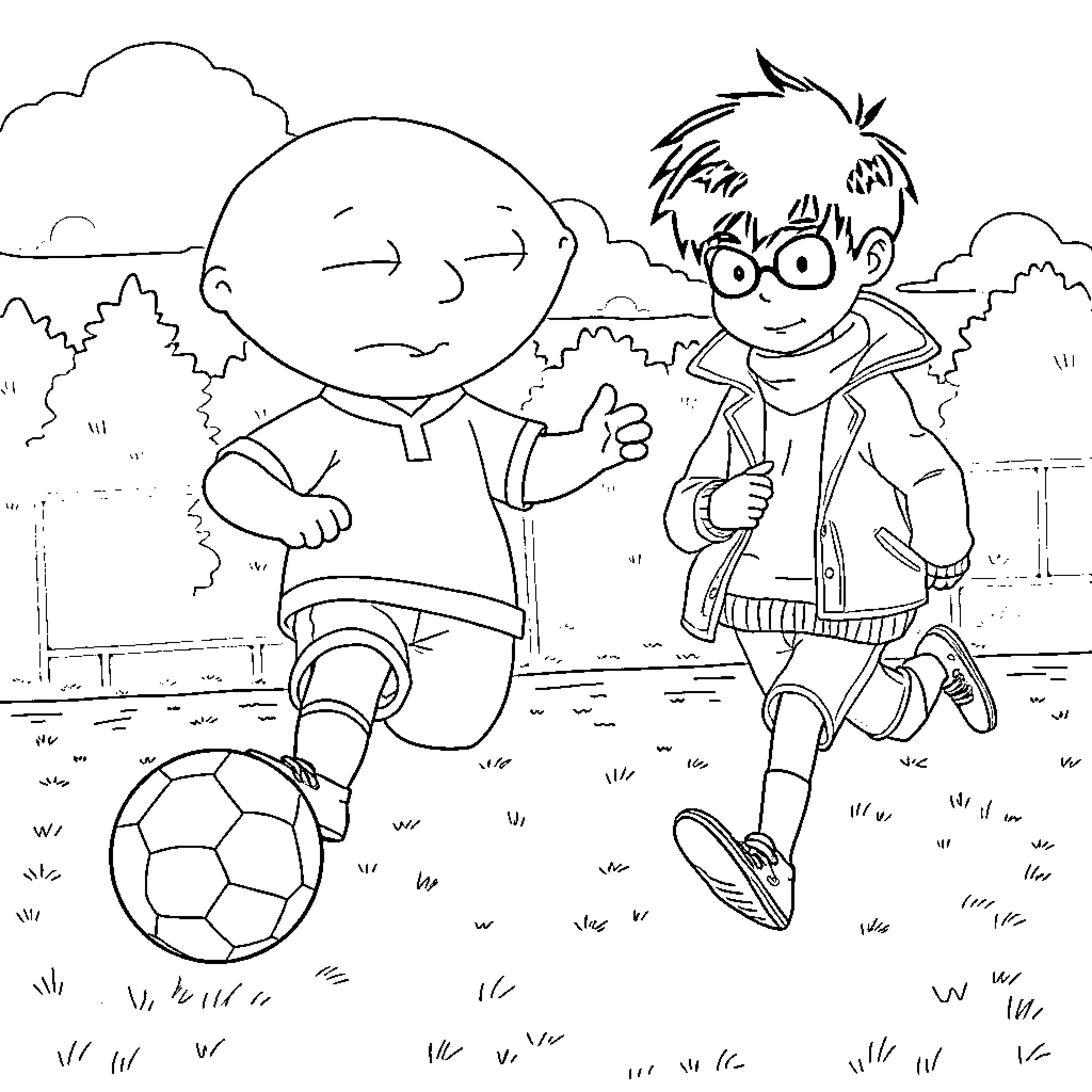 Stewie Griffin playing soccer with friend in park Coloring Page (free black-and-white line drawing printable PDF for all, from beginners to advanced learners, including children, teens, adults, and seniors)