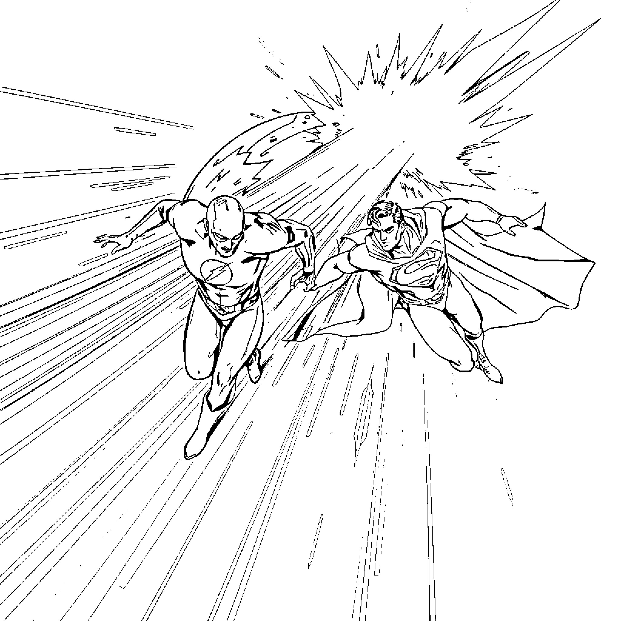 Flash of Heroic Action in the Sky Coloring Page (free black-and-white line drawing printable PDF for all, from beginners to advanced learners, including children, teens, adults, and seniors)