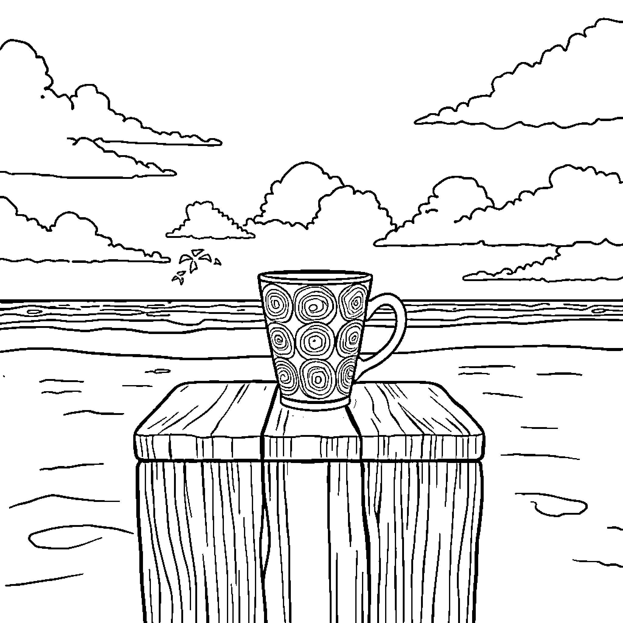 Cup resting on a wooden dock by a lake Coloring Page (free black-and-white line drawing printable PDF for all, from beginners to advanced learners, including children, teens, adults, and seniors)