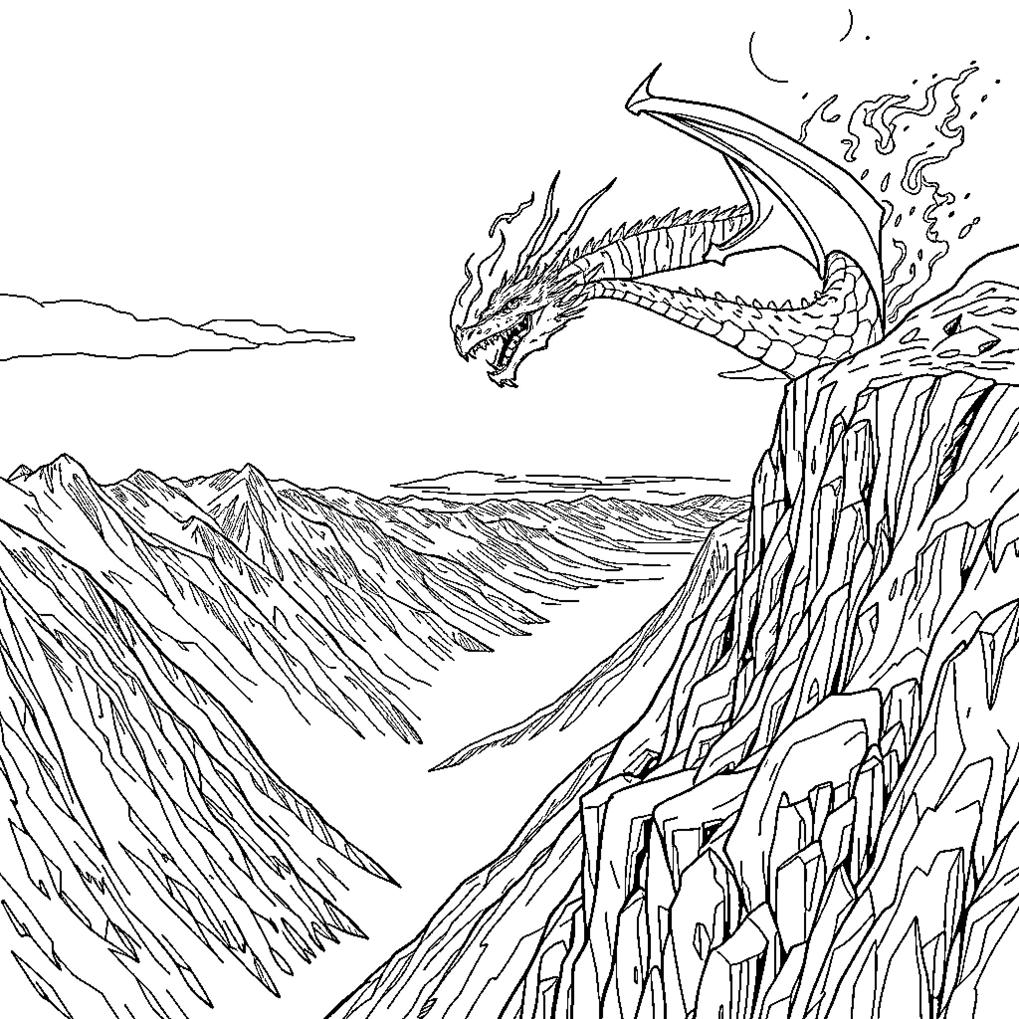 Dragon soaring majestically above a rugged mountain landscape Coloring Page (free black-and-white line drawing printable PDF for all, from beginners to advanced learners, including children, teens, adults, and seniors)