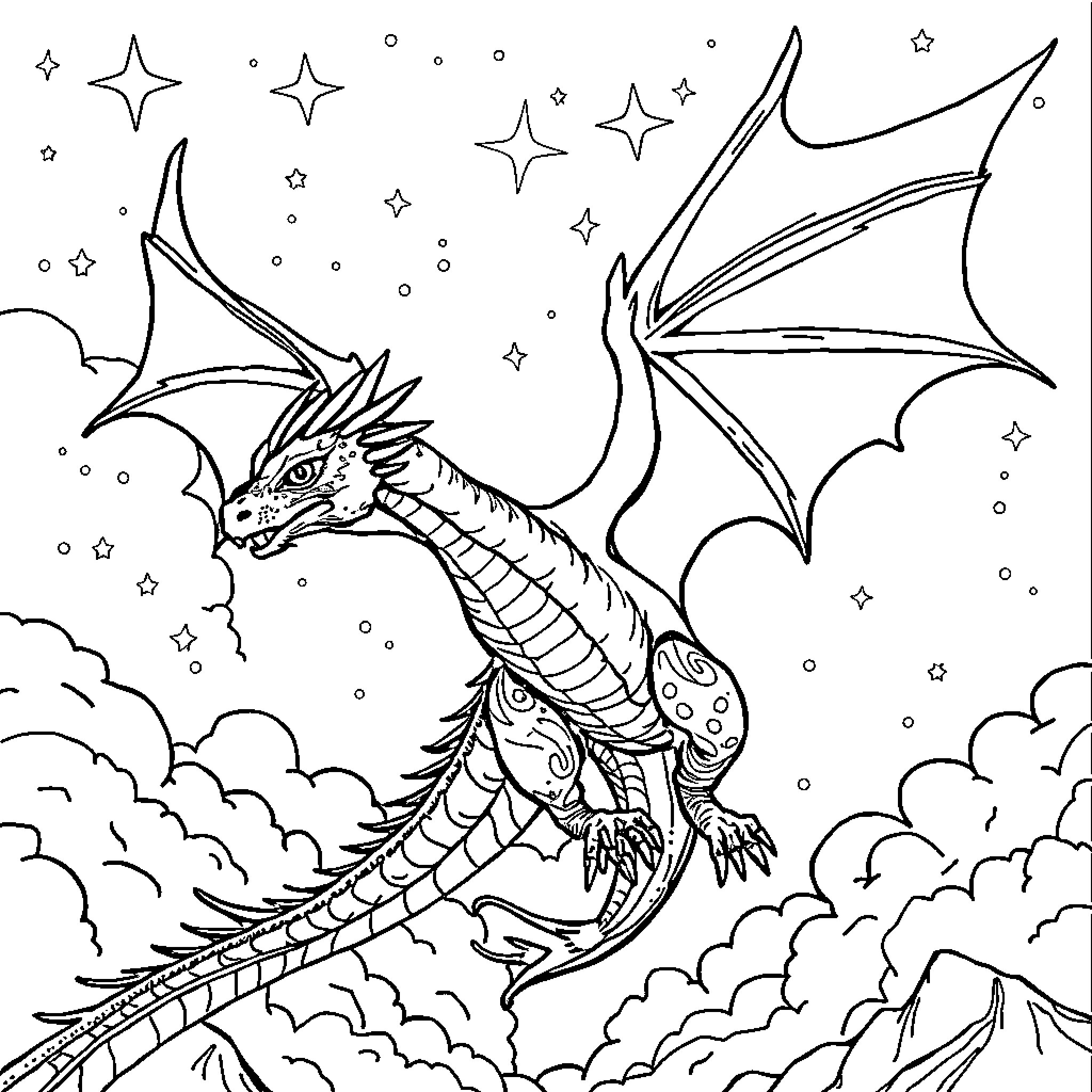 Dragon soaring through the starry night sky Coloring Page (free black-and-white line drawing printable PDF for all, from beginners to advanced learners, including children, teens, adults, and seniors)