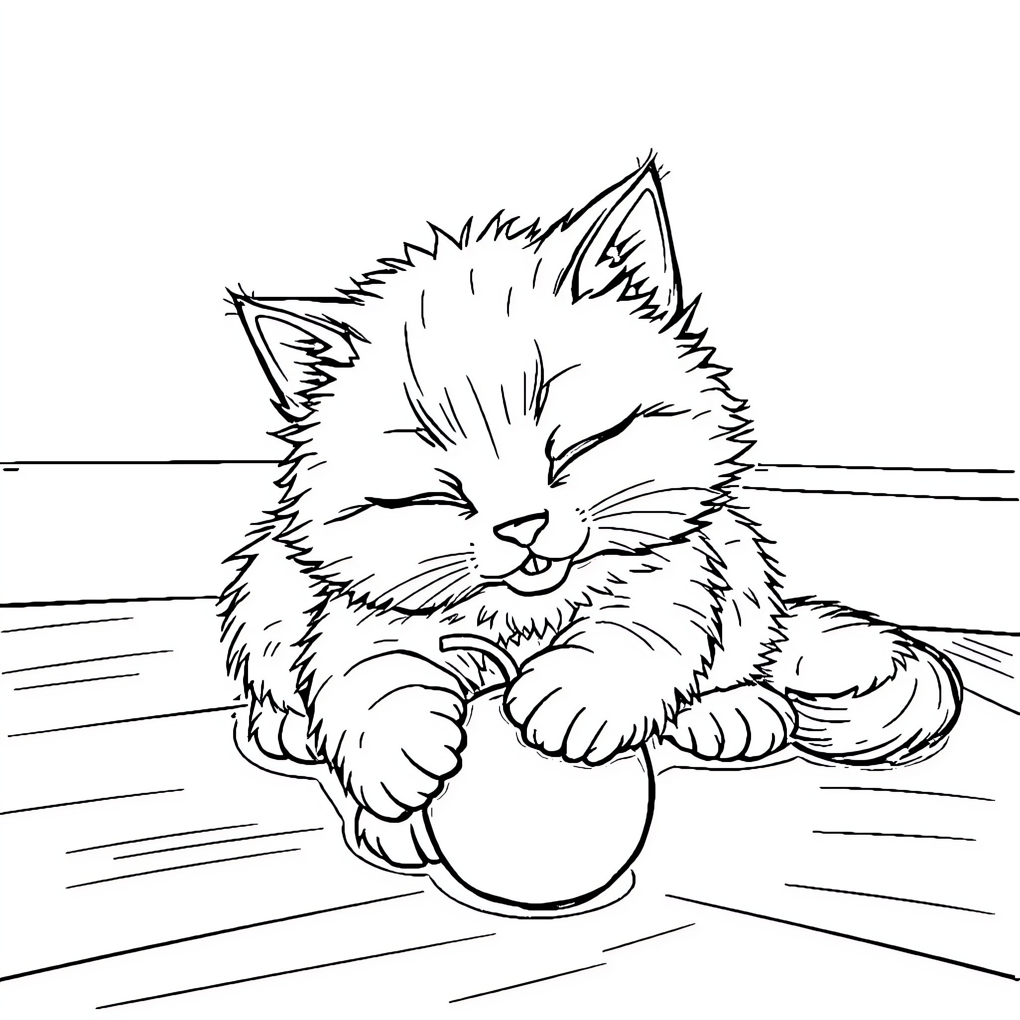 Cat playing with ball on floor Coloring Page (free black-and-white line drawing printable PDF for all, from beginners to advanced learners, including children, teens, adults, and seniors)