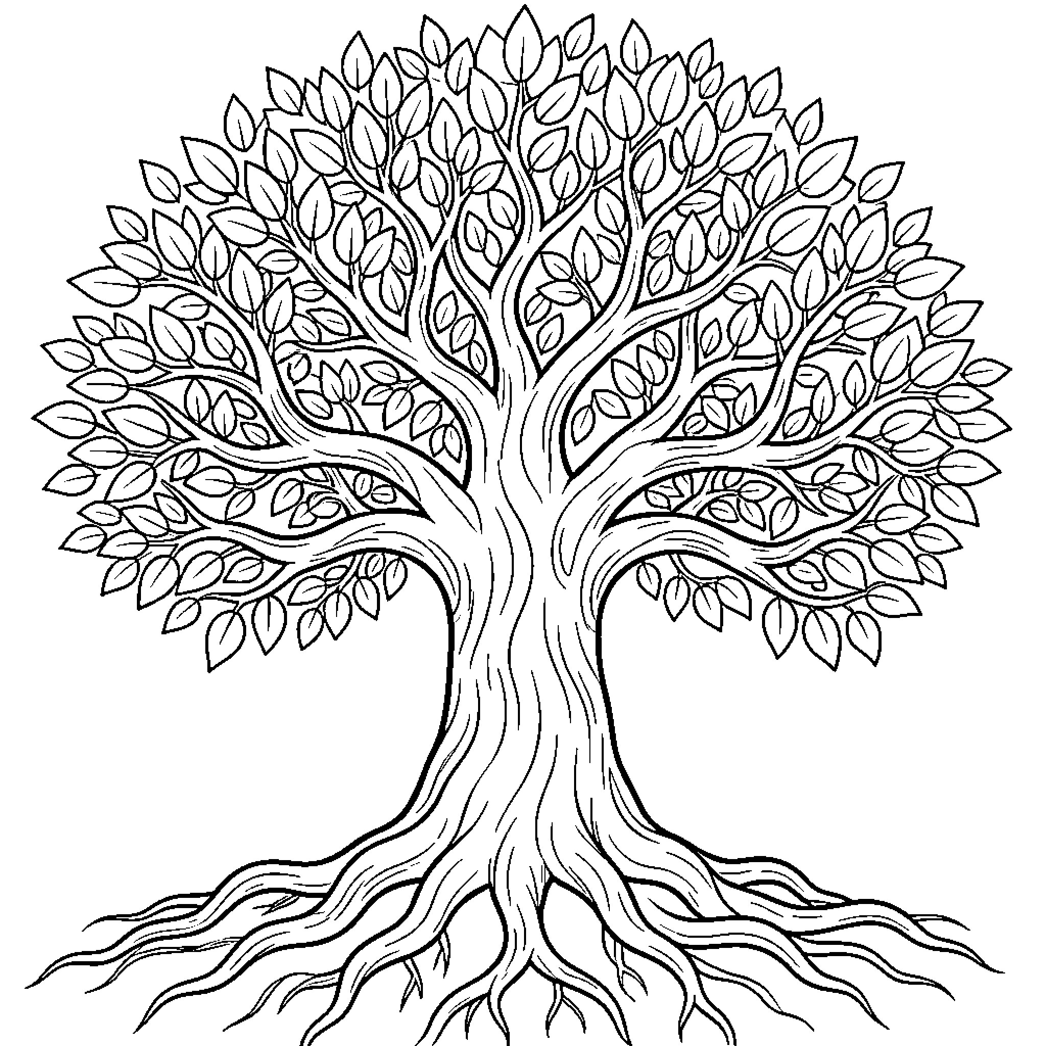 Tree of life with intricate leaf patterns Coloring Page (free black-and-white line drawing printable PDF for all, from beginners to advanced learners, including children, teens, adults, and seniors)