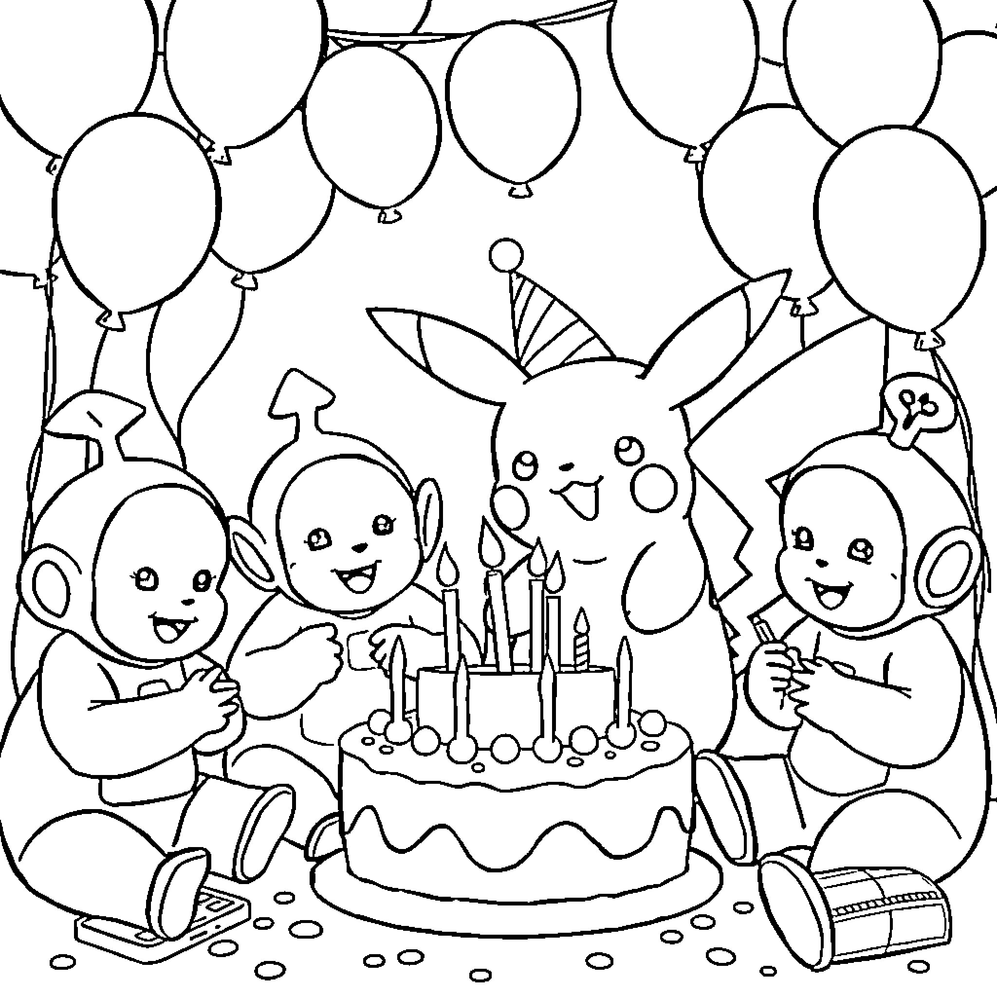 Pikachu and friends celebrate with a birthday cake Coloring Page (free black-and-white line drawing printable PDF for all, from beginners to advanced learners, including children, teens, adults, and seniors)