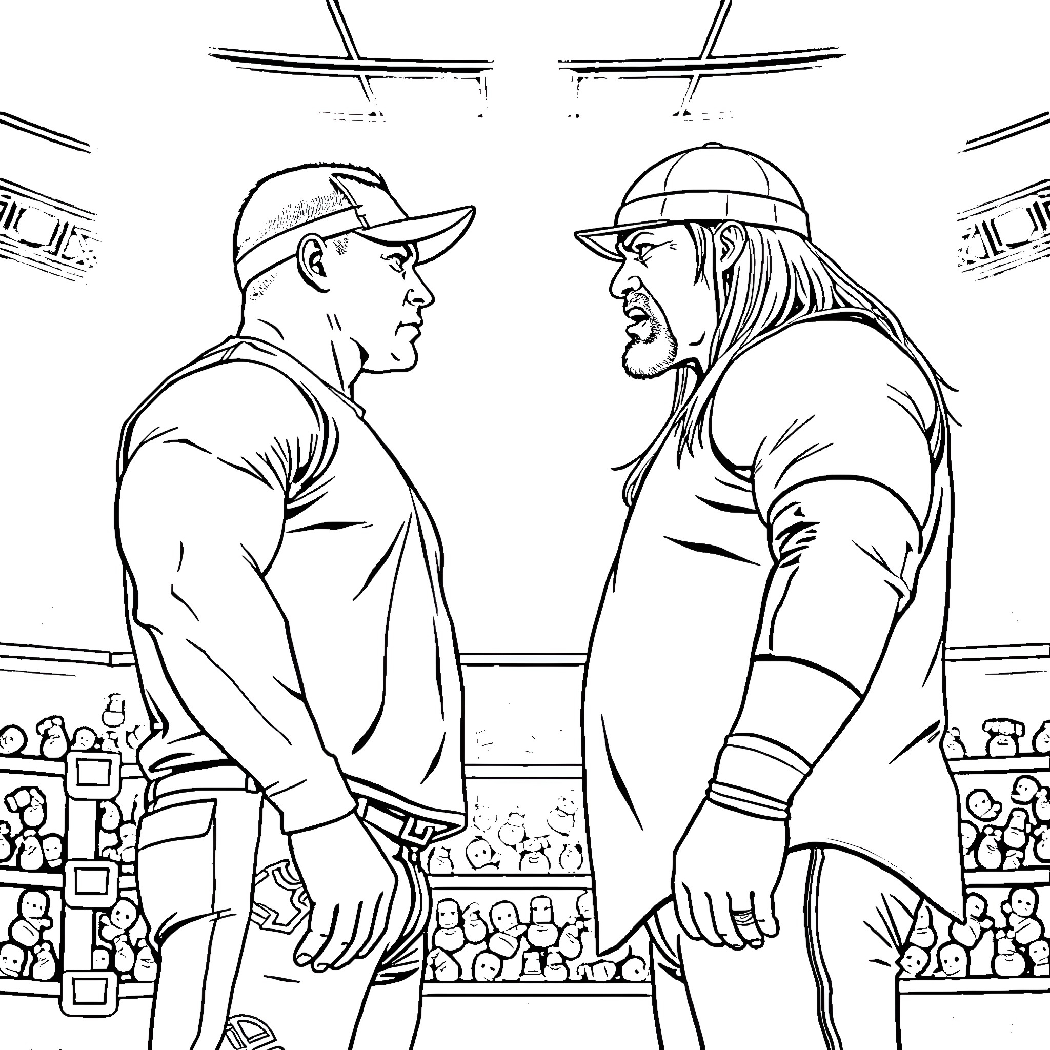 Wrestler's intense face-off in the ring Coloring Page (free black-and-white line drawing printable PDF for all, from beginners to advanced learners, including children, teens, adults, and seniors)