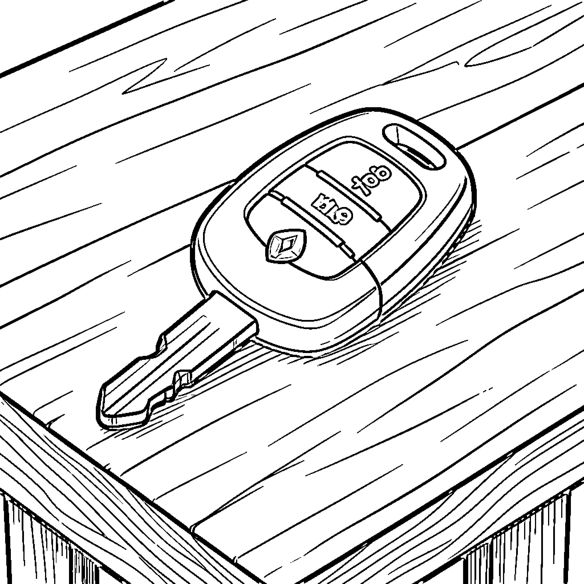Renault Clio key on wooden surface Coloring Page (free black-and-white line drawing printable PDF for all, from beginners to advanced learners, including children, teens, adults, and seniors)