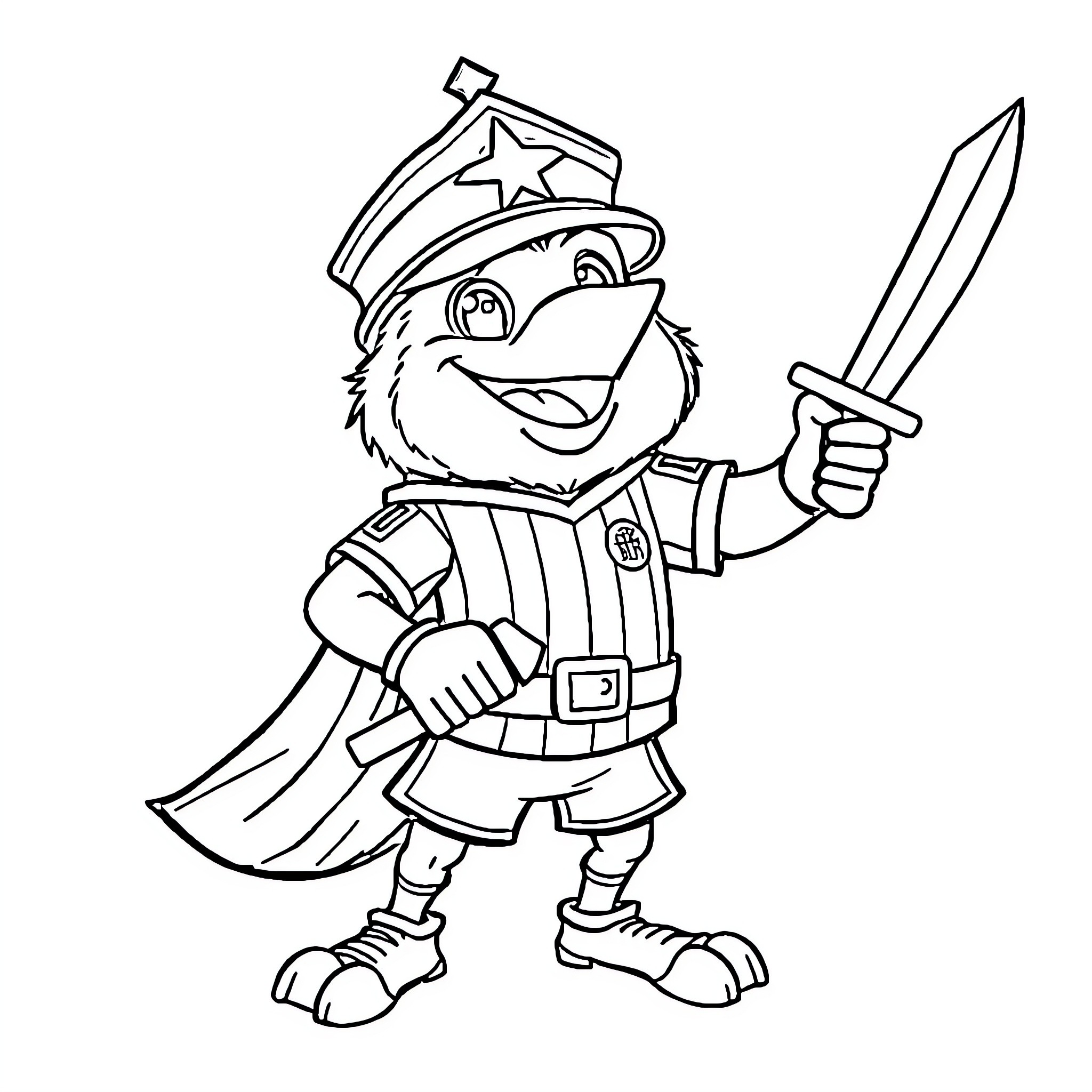 Mosqueteiro holding sword in adventurous pose Coloring Page (free black-and-white line drawing printable PDF for all, from beginners to advanced learners, including children, teens, adults, and seniors)