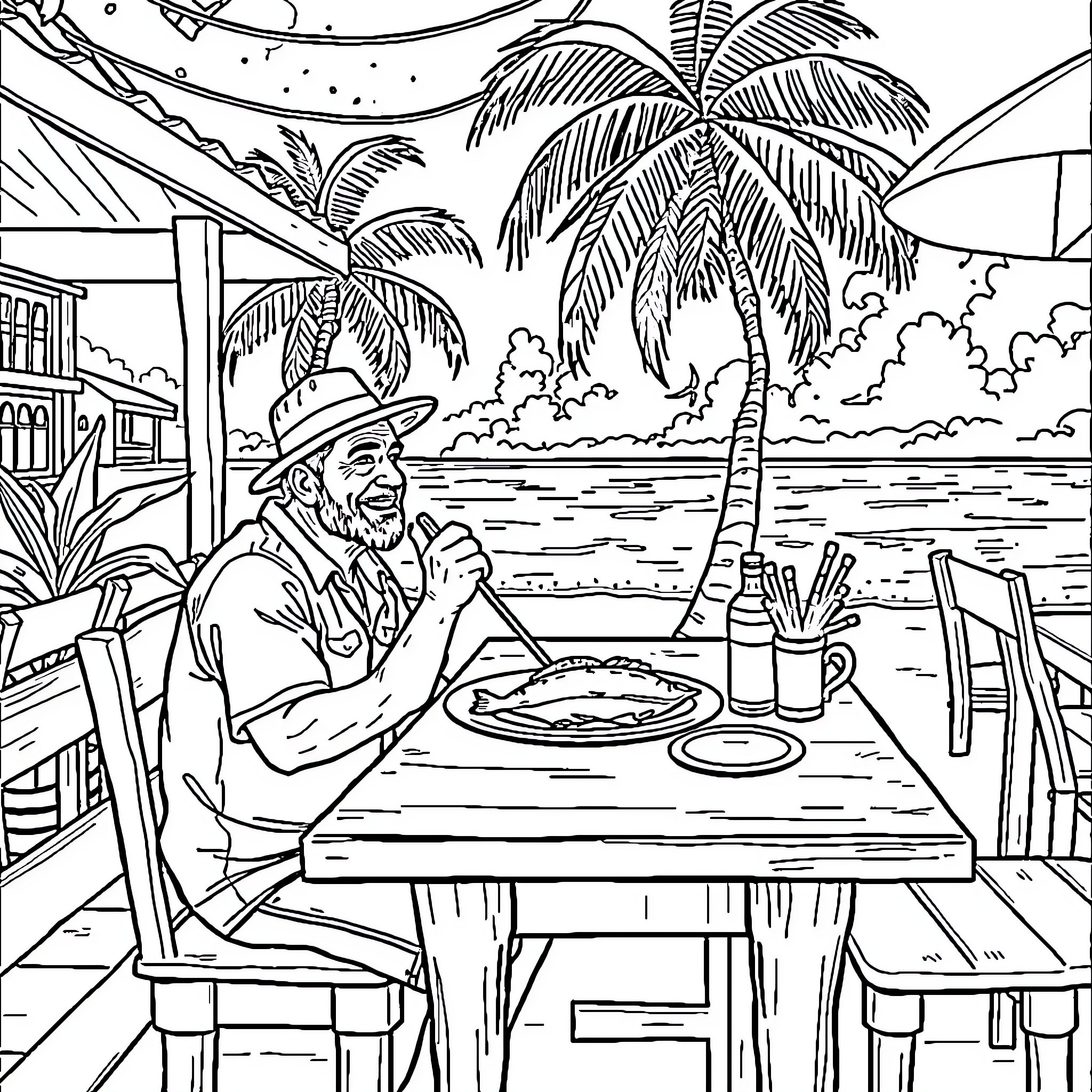 Fisherman enjoying a meal by the beach Coloring Page (free black-and-white line drawing printable PDF for all, from beginners to advanced learners, including children, teens, adults, and seniors)