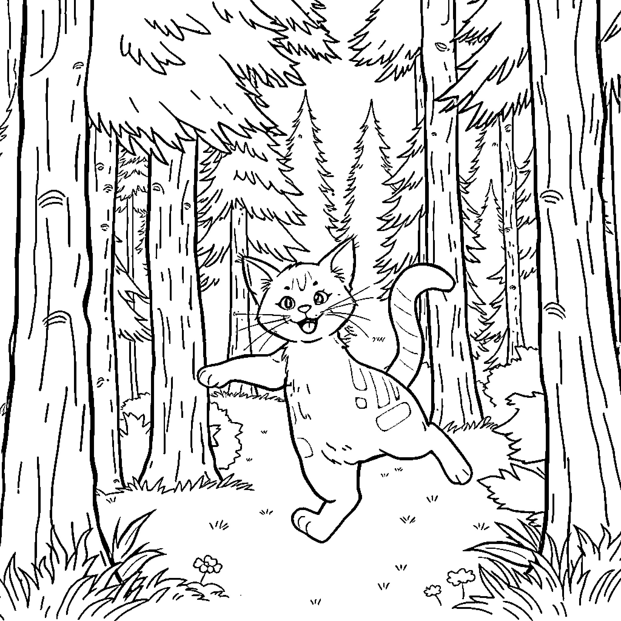 Cat Exploring the Enchanted Forest Coloring Page (free black-and-white line drawing printable PDF for all, from beginners to advanced learners, including children, teens, adults, and seniors)