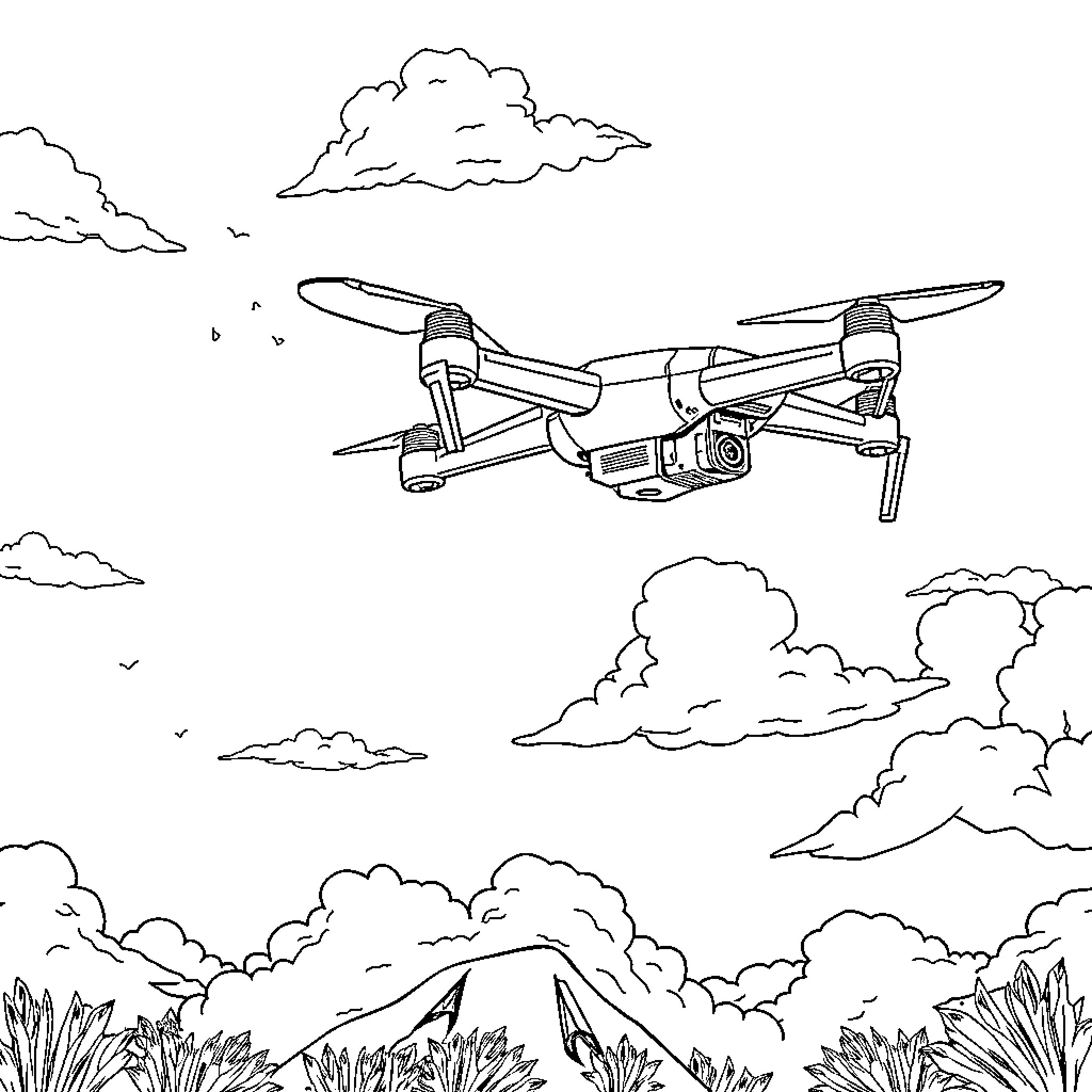 Drone flying above cloudy sky and grassy landscape Coloring Page (free black-and-white line drawing printable PDF for all, from beginners to advanced learners, including children, teens, adults, and seniors)