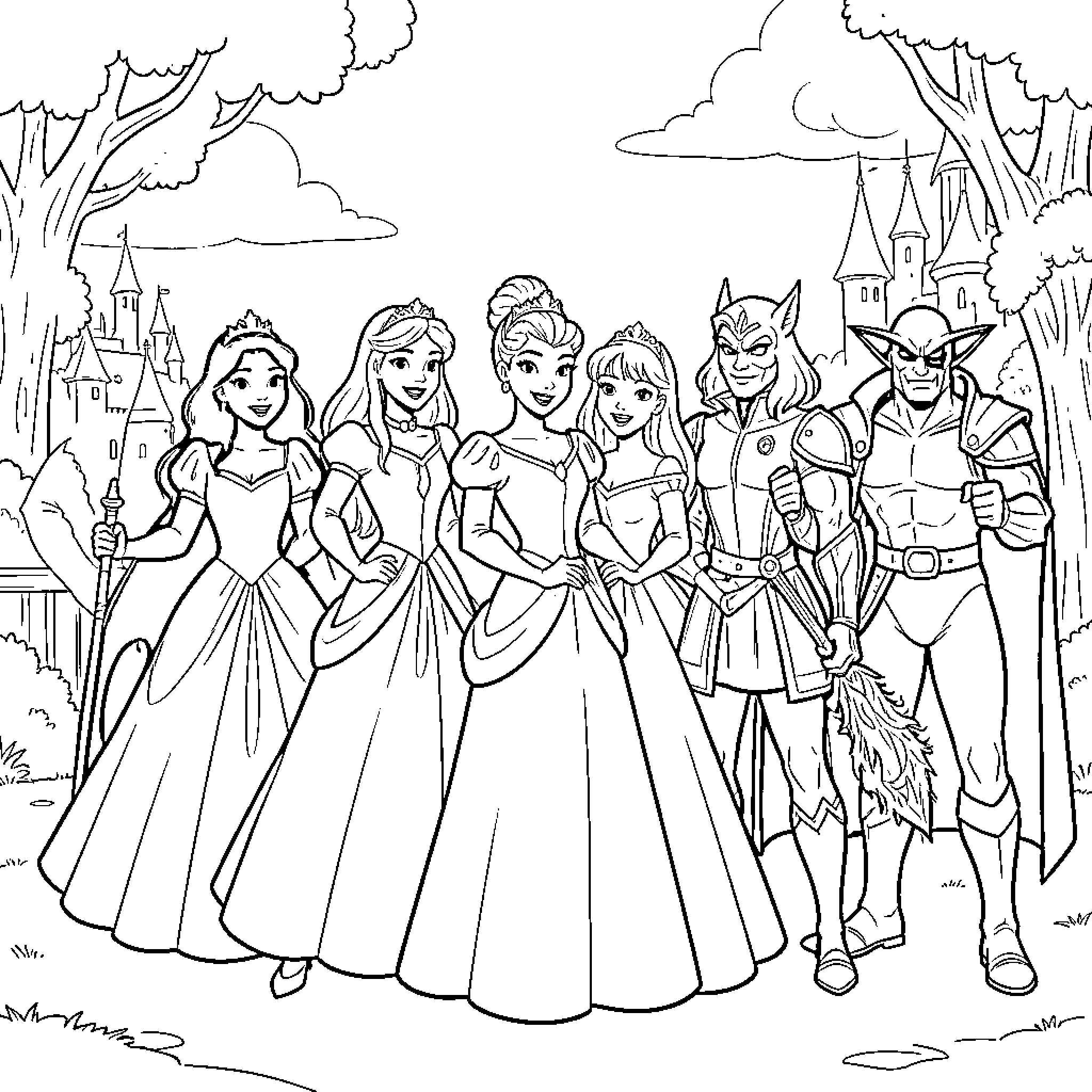 Disney Princesses and princes posing together in front of a castle Coloring Page (free black-and-white line drawing printable PDF for all, from beginners to advanced learners, including children, teens, adults, and seniors)