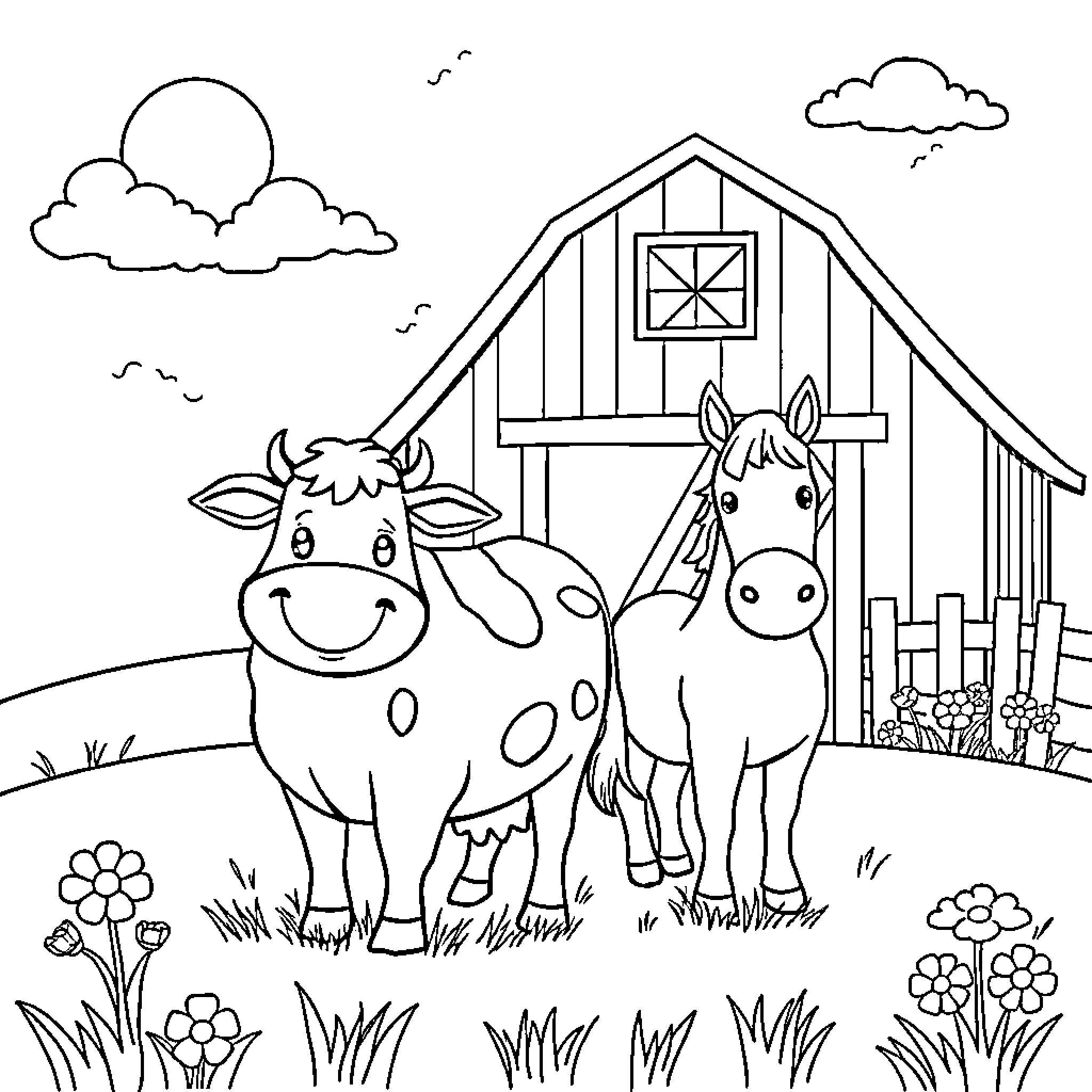Farm Animals Enjoying Farmhouse Scenery Coloring Page (free black-and-white line drawing printable PDF for all, from beginners to advanced learners, including children, teens, adults, and seniors)